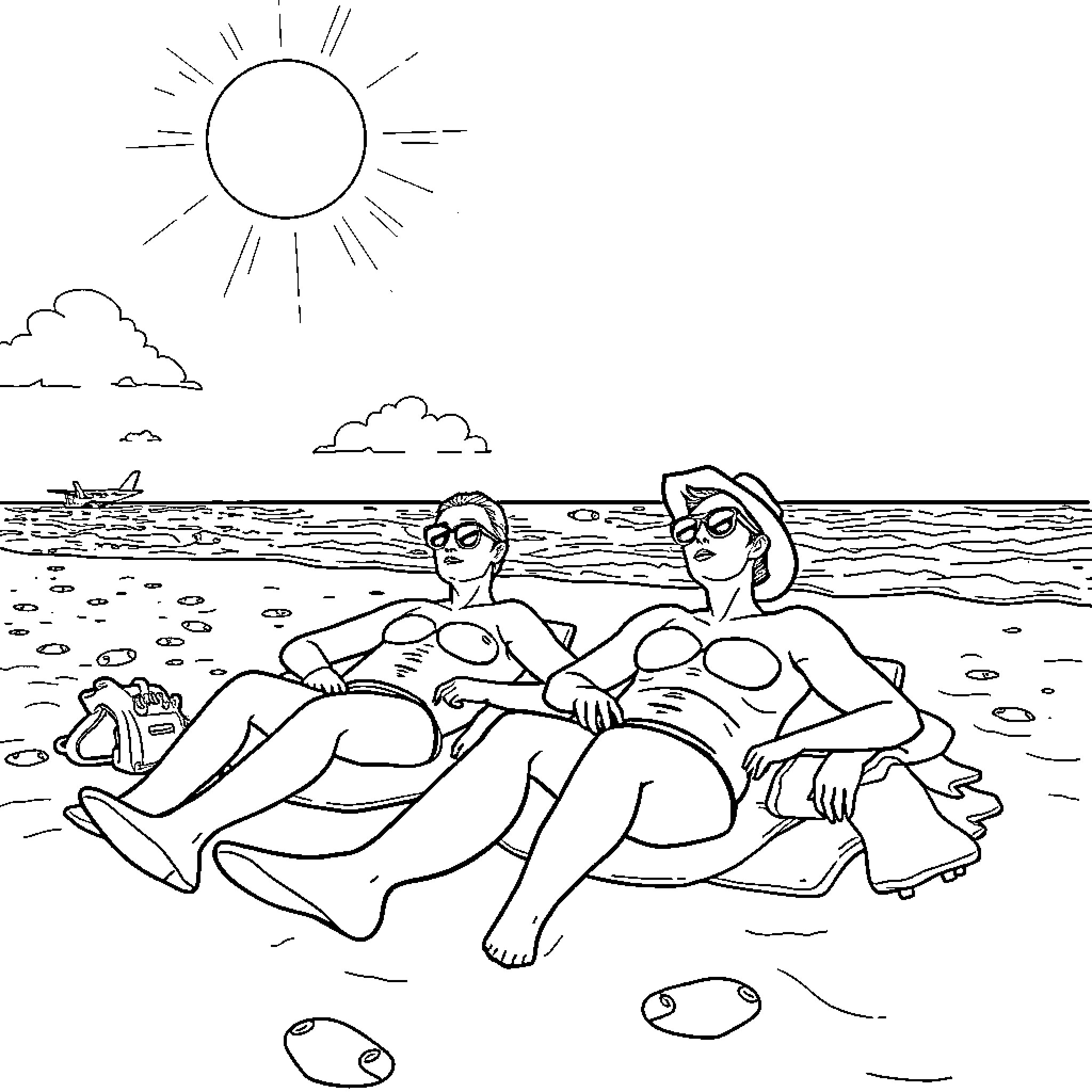 Ice Agents Relaxing on the Beach Coloring Page (free black-and-white line drawing printable PDF for all, from beginners to advanced learners, including children, teens, adults, and seniors)