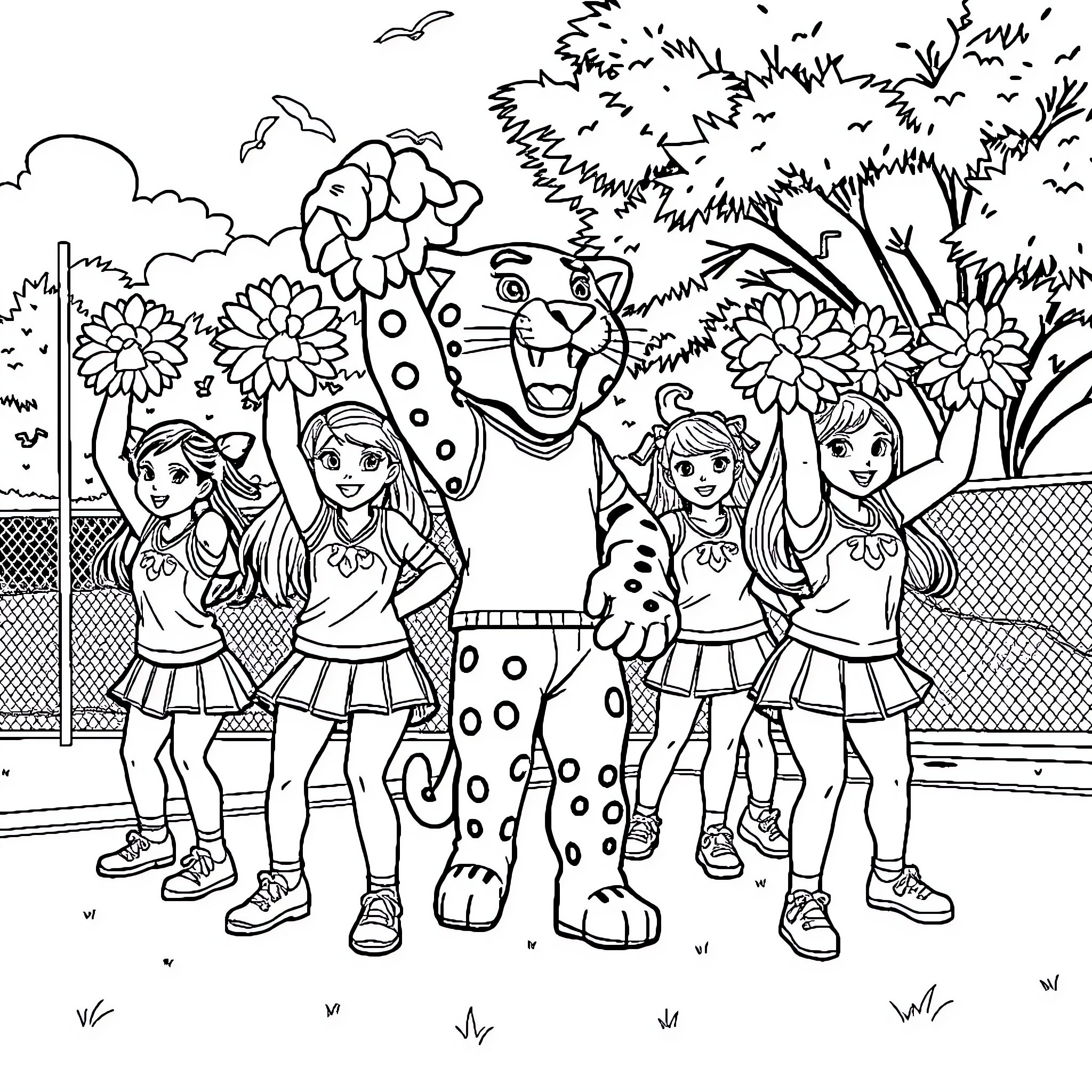 Panther and cheerleaders in a park setting Coloring Page (free black-and-white line drawing printable PDF for all, from beginners to advanced learners, including children, teens, adults, and seniors)