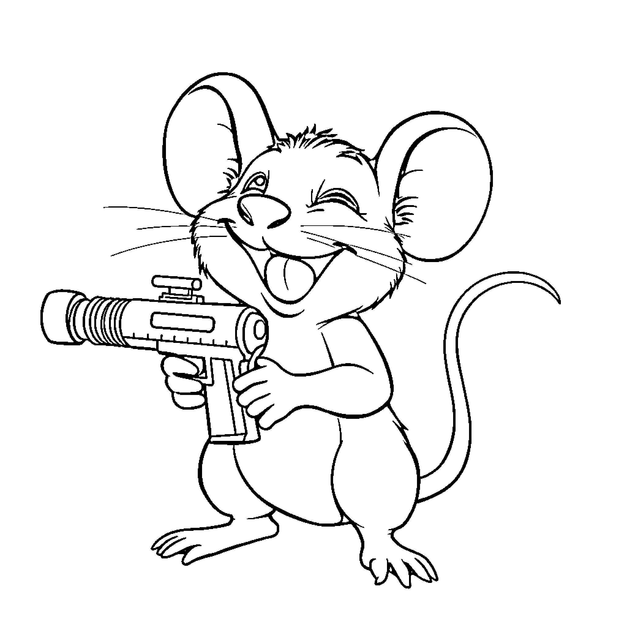 Mouse playing with a blaster toy Coloring Page (free black-and-white line drawing printable PDF for all, from beginners to advanced learners, including children, teens, adults, and seniors)