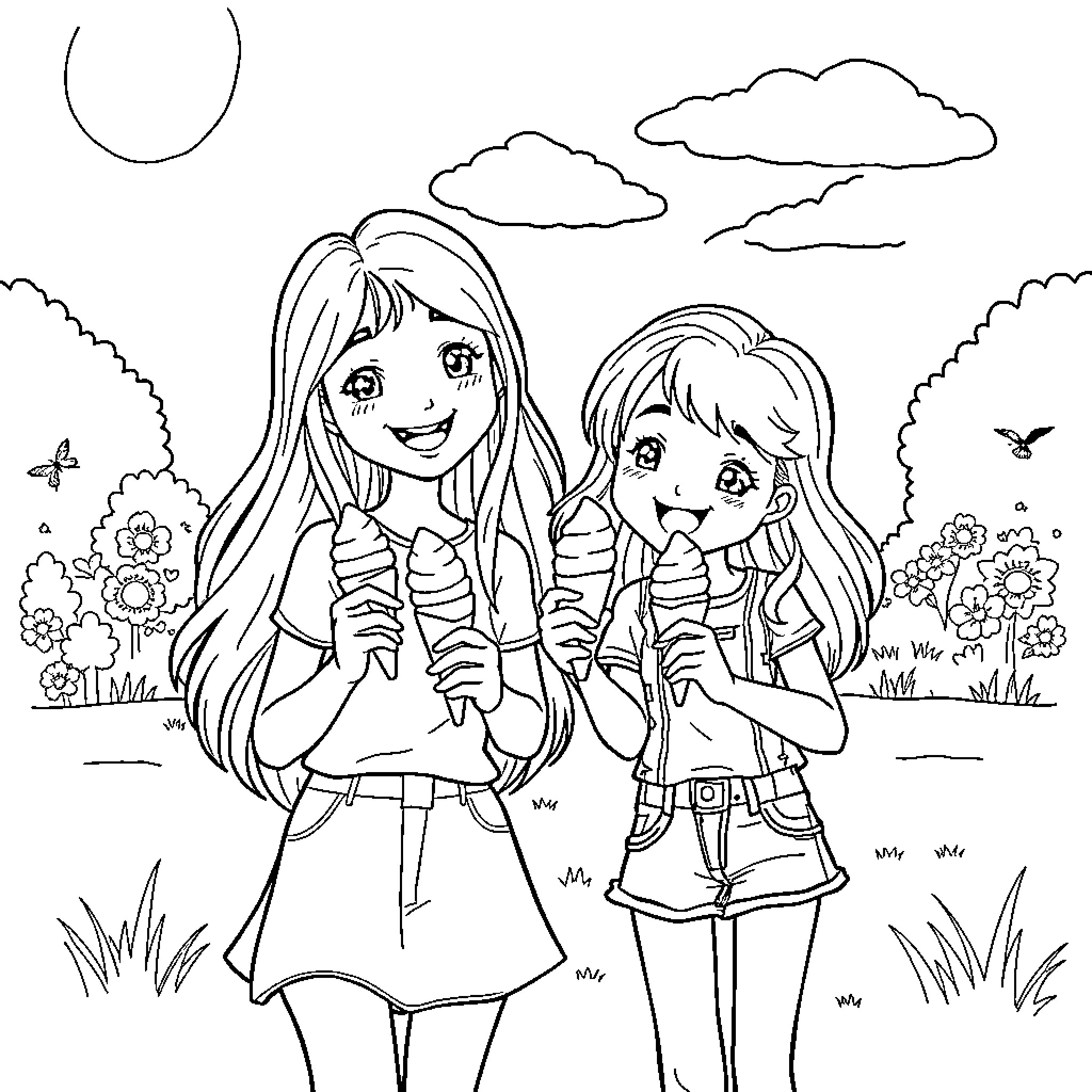 Girls enjoying ice cream on a sunny day Coloring Page (free black-and-white line drawing printable PDF for all, from beginners to advanced learners, including children, teens, adults, and seniors)