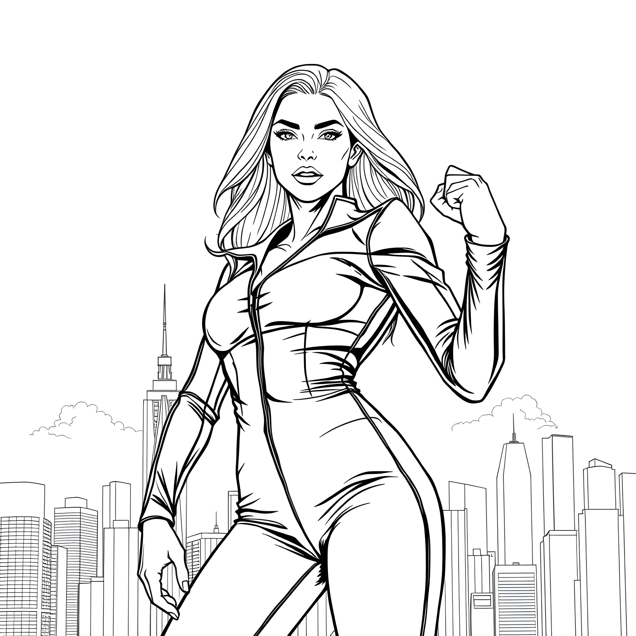 Latex Woman Striking a Powerful Pose in the City Coloring Page (free black-and-white line drawing printable PDF for all, from beginners to advanced learners, including children, teens, adults, and seniors)