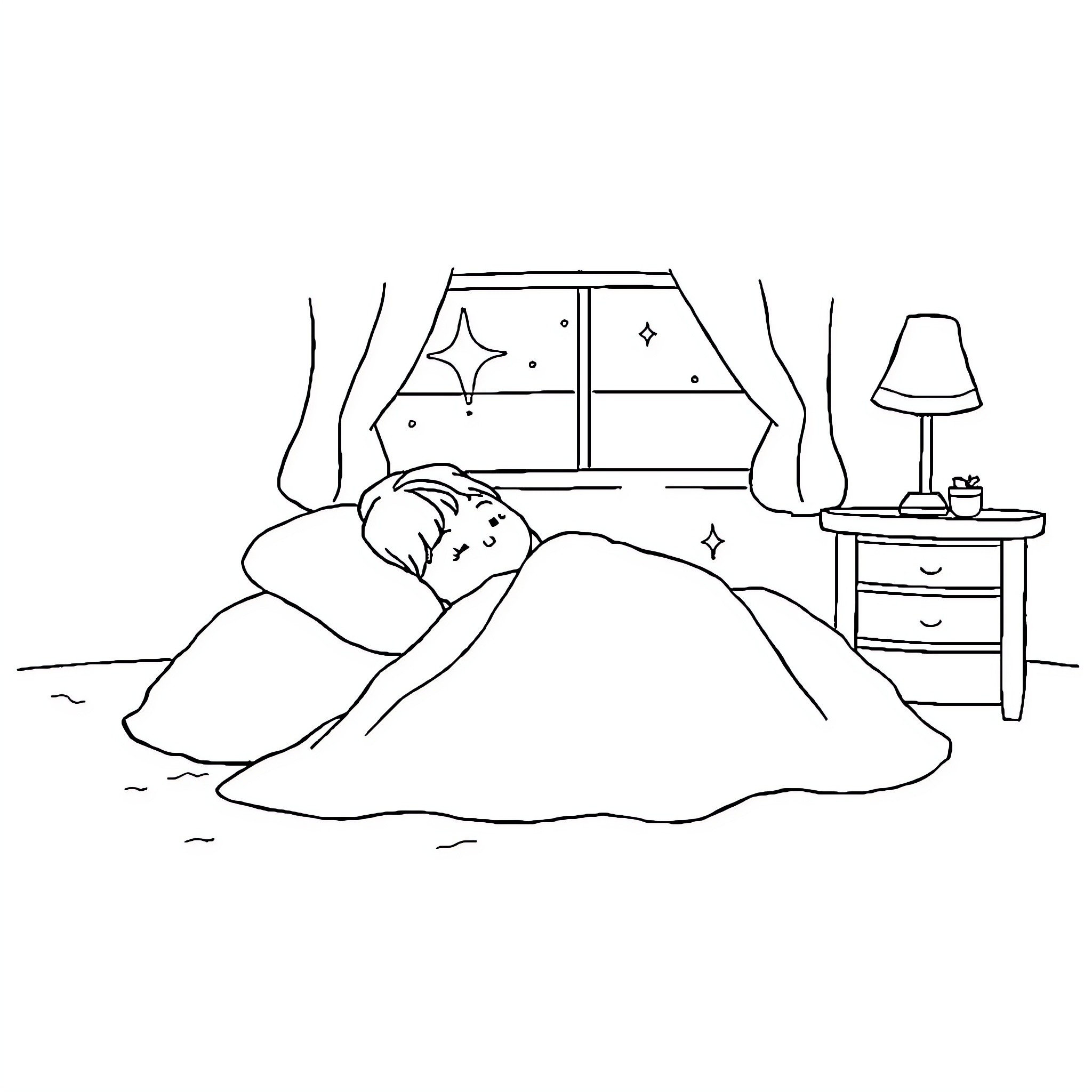 Girl sleeping peacefully in her bedroom Coloring Page (free black-and-white line drawing printable PDF for all, from beginners to advanced learners, including children, teens, adults, and seniors)