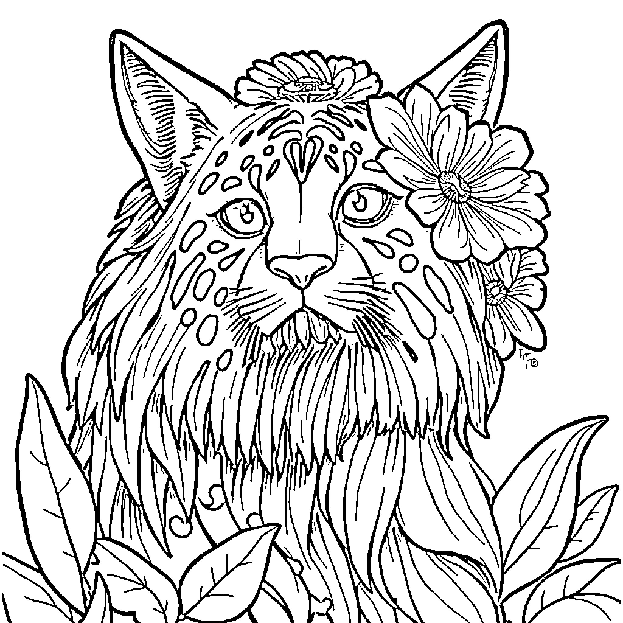 Image of a decorative cat surrounded by flowers Coloring Page (free black-and-white line drawing printable PDF for all, from beginners to advanced learners, including children, teens, adults, and seniors)