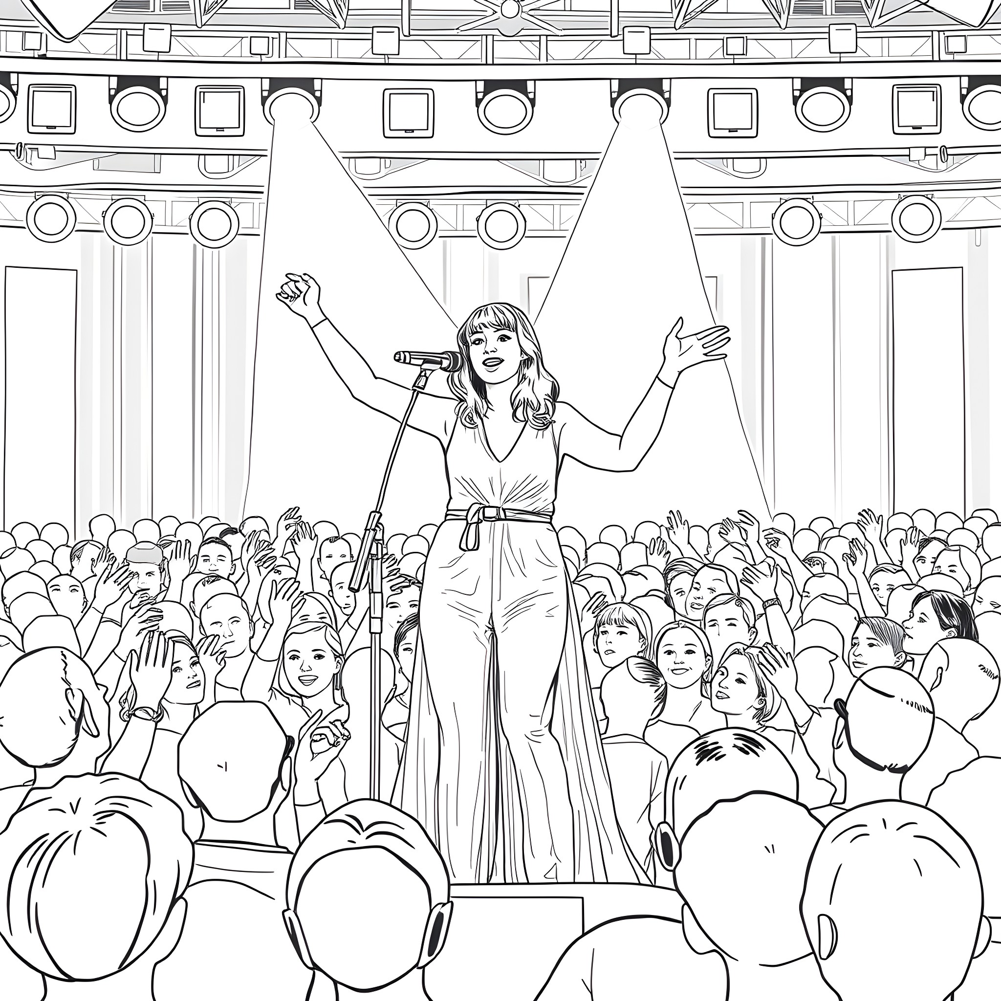 Melanie Morrisette performing on stage before a cheering crowd Coloring Page (free black-and-white line drawing printable PDF for all, from beginners to advanced learners, including children, teens, adults, and seniors)