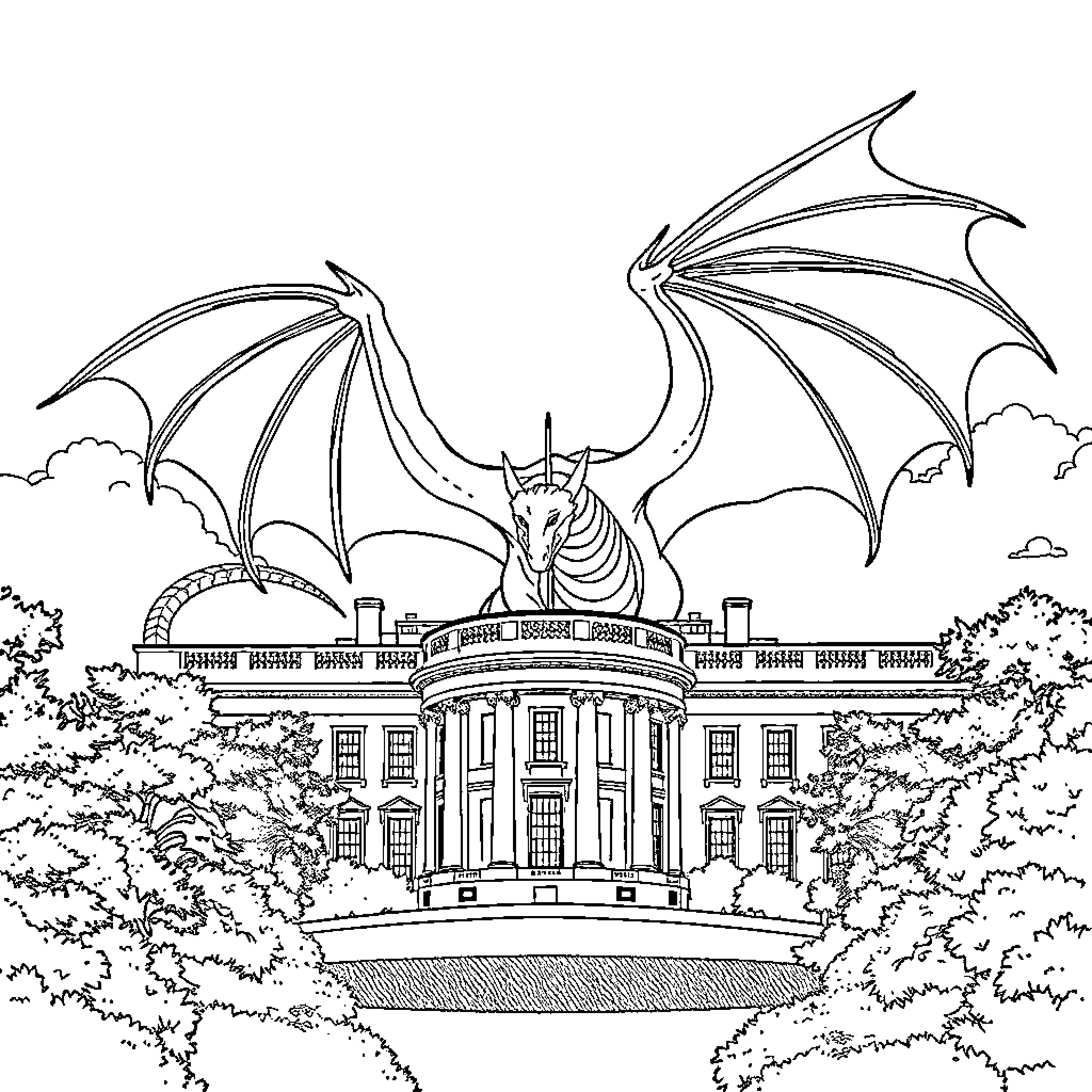 Dragon attacking the White House Coloring Page (free black-and-white line drawing printable PDF for all, from beginners to advanced learners, including children, teens, adults, and seniors)