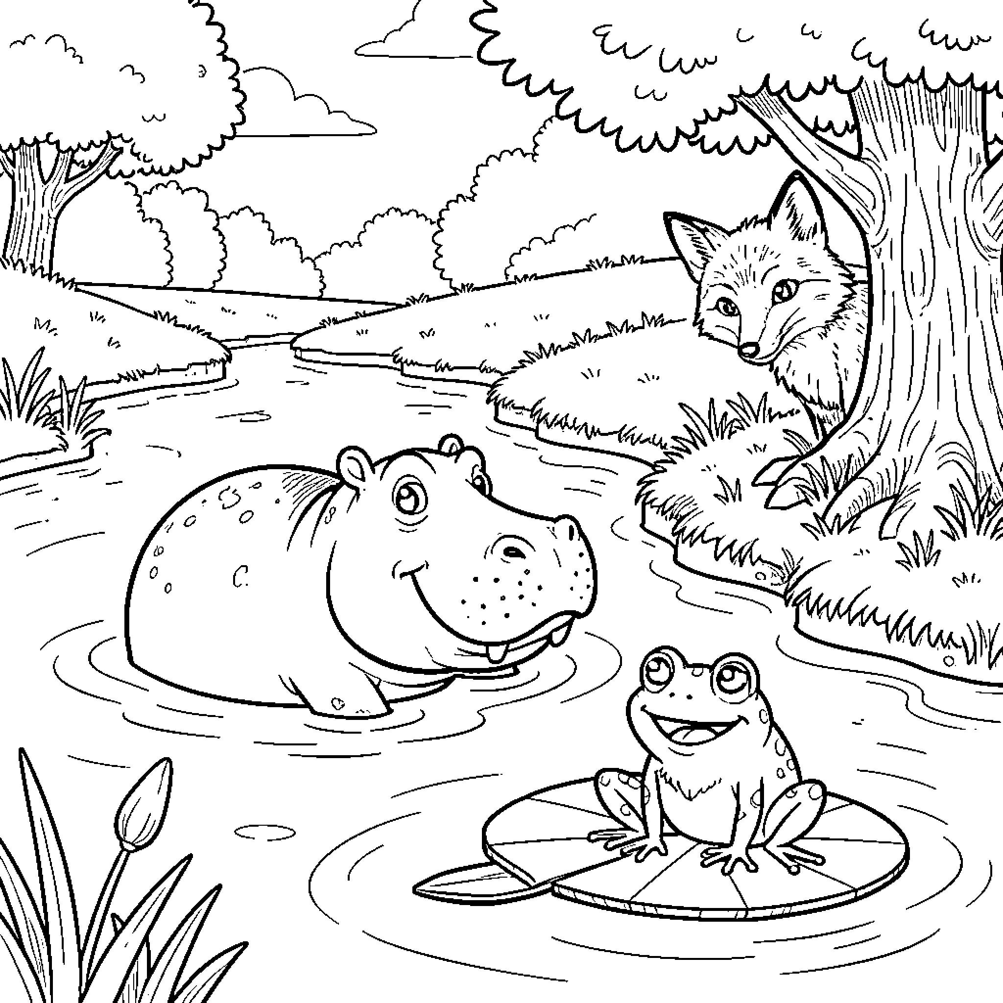 Hippopotamus and Frog Relaxing by the Riverbank Coloring Page (free black-and-white line drawing printable PDF for all, from beginners to advanced learners, including children, teens, adults, and seniors)