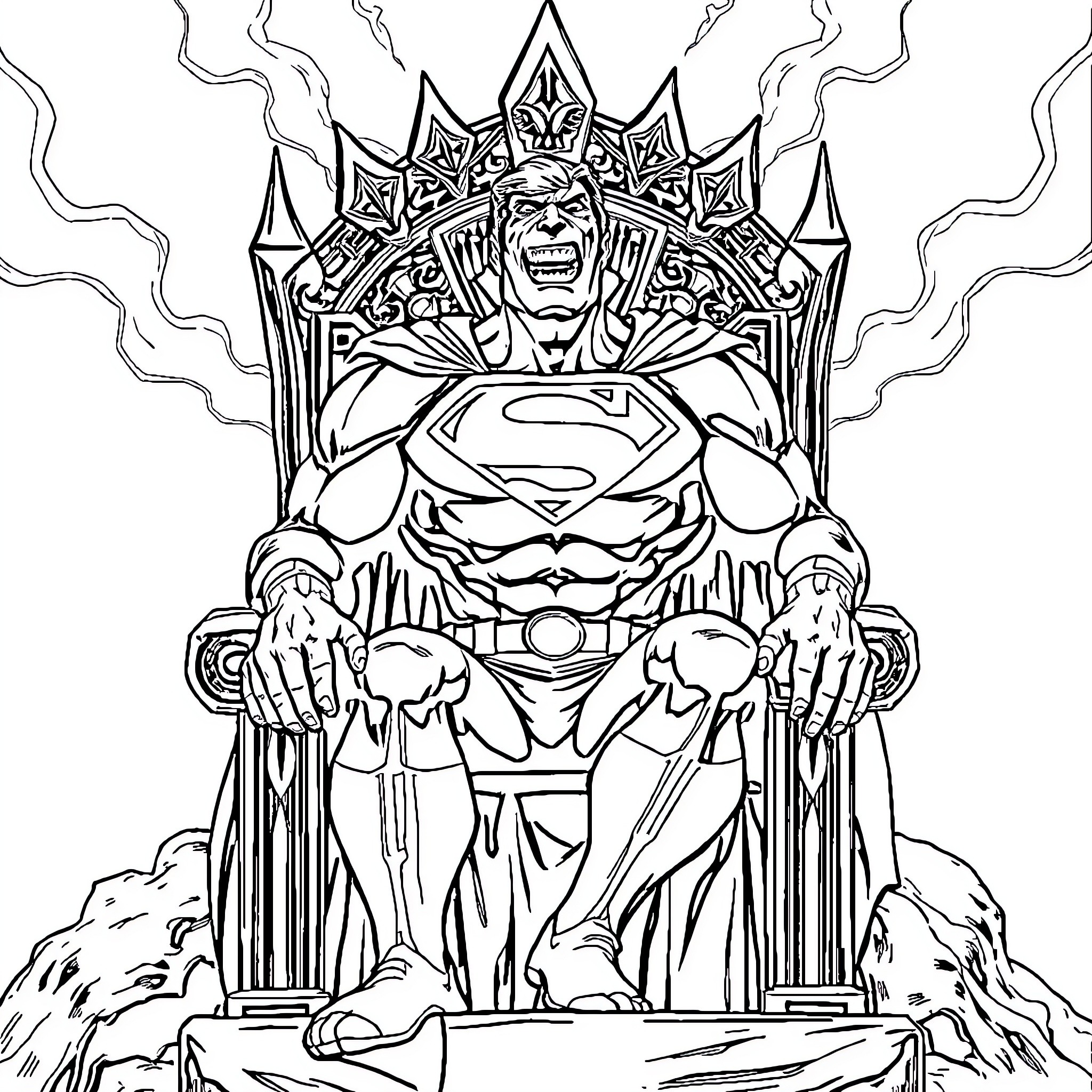 Superman's Majestic Throne of Power and Might Coloring Page (free black-and-white line drawing printable PDF for all, from beginners to advanced learners, including children, teens, adults, and seniors)