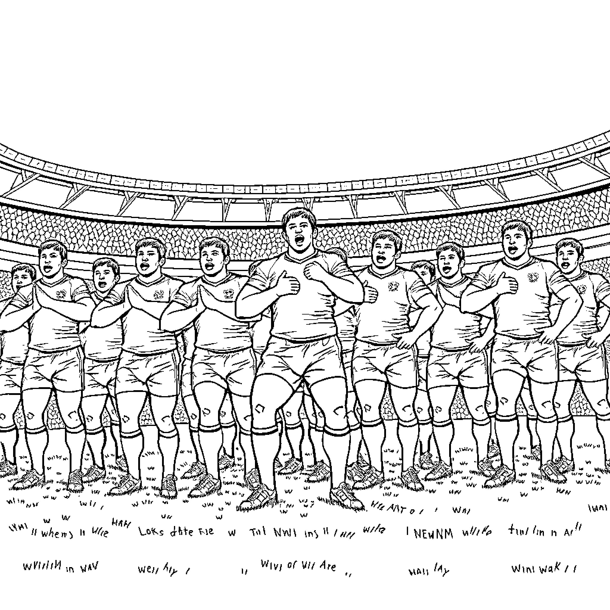 Rugby Team Standing Together in Stadium Coloring Page (free black-and-white line drawing printable PDF for all, from beginners to advanced learners, including children, teens, adults, and seniors)