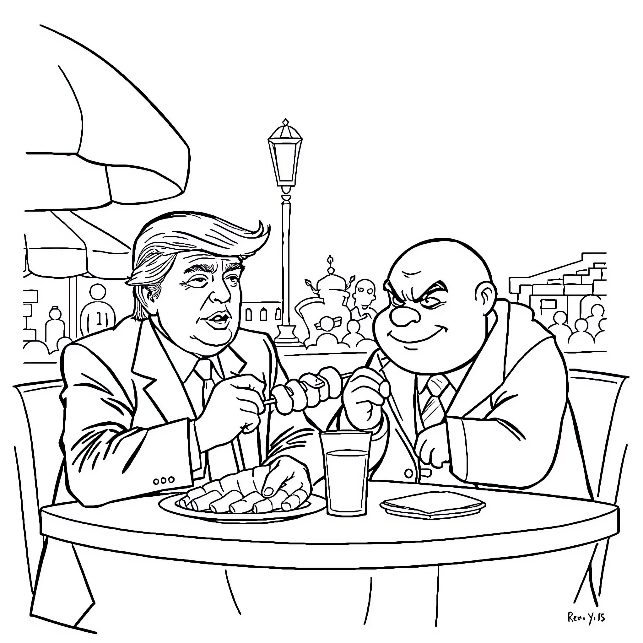 Donald Trump dining with Vladimir Putin in an animated style Coloring Page (free black-and-white line drawing printable PDF for all, from beginners to advanced learners, including children, teens, adults, and seniors)