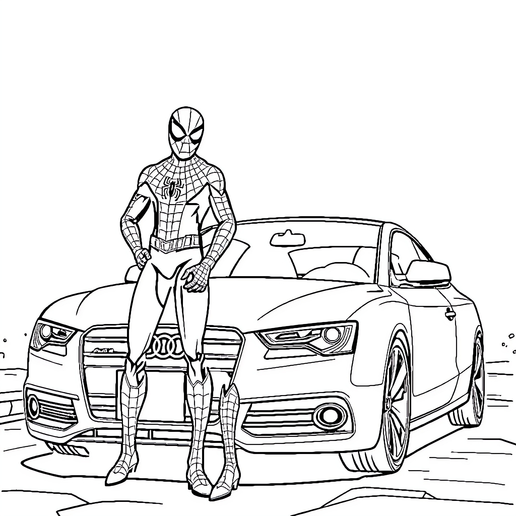 Spiderman poses with a sleek sports car Coloring Page (free black-and-white line drawing printable PDF for all, from beginners to advanced learners, including children, teens, adults, and seniors)