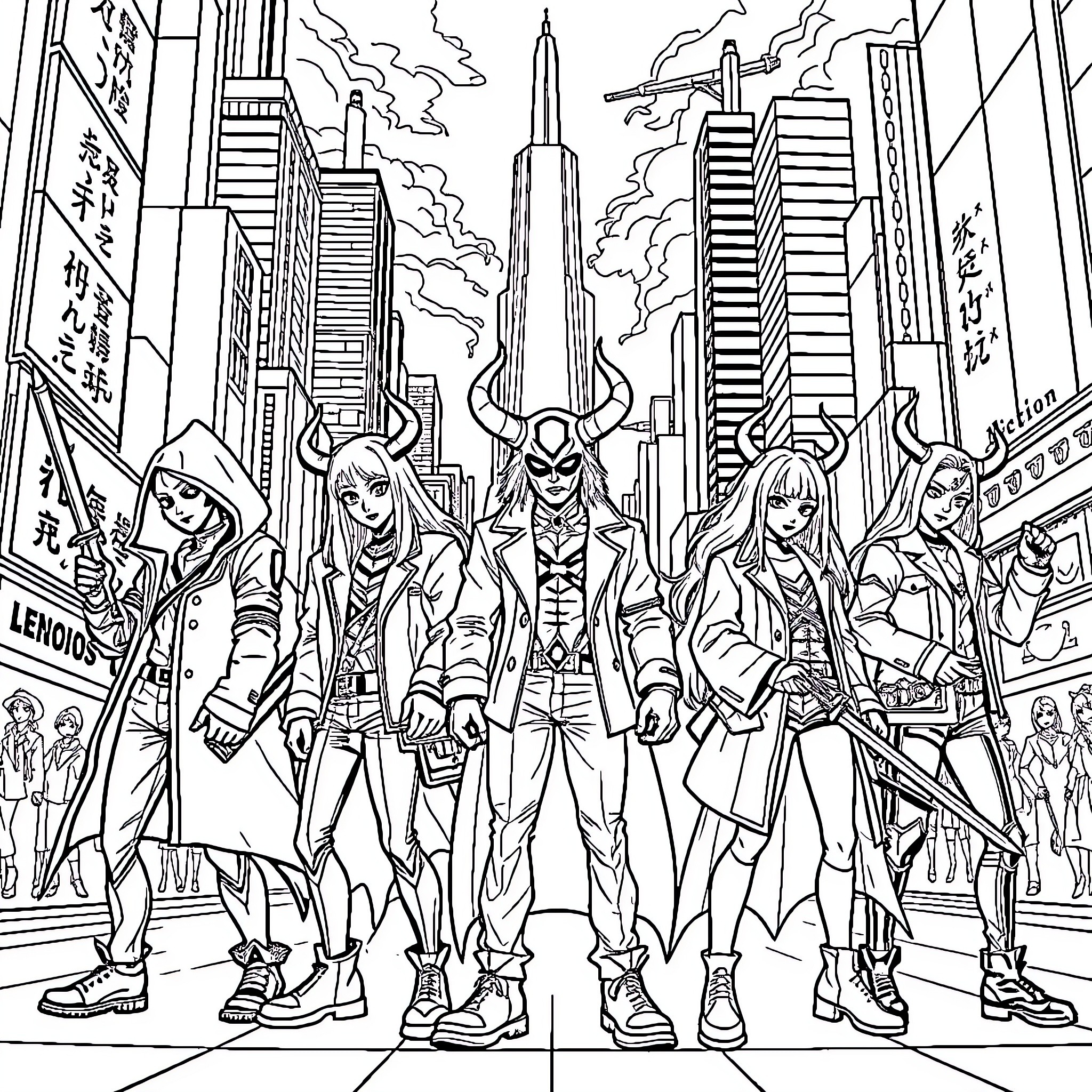 Demon Hunters in Action Packed City Scene Coloring Page (free black-and-white line drawing printable PDF for all, from beginners to advanced learners, including children, teens, adults, and seniors)