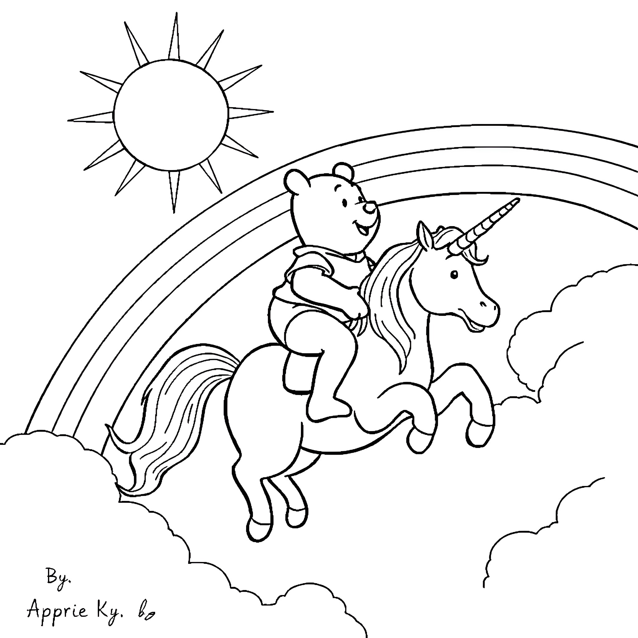 Winnie The Pooh riding a unicorn in the sky Coloring Page (free black-and-white line drawing printable PDF for all, from beginners to advanced learners, including children, teens, adults, and seniors)