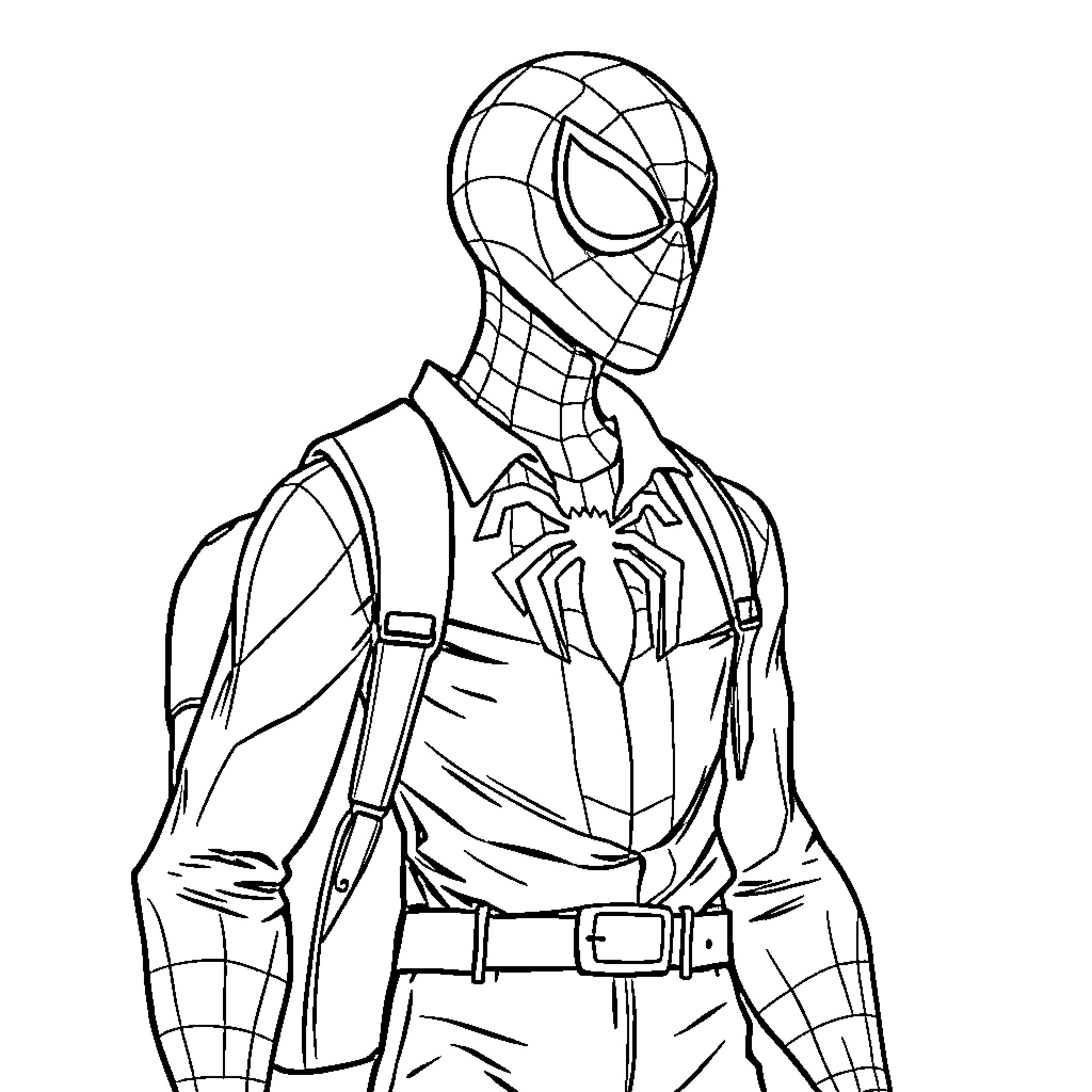 Spiderman in action-packed superhero pose Coloring Page (free black-and-white line drawing printable PDF for all, from beginners to advanced learners, including children, teens, adults, and seniors)