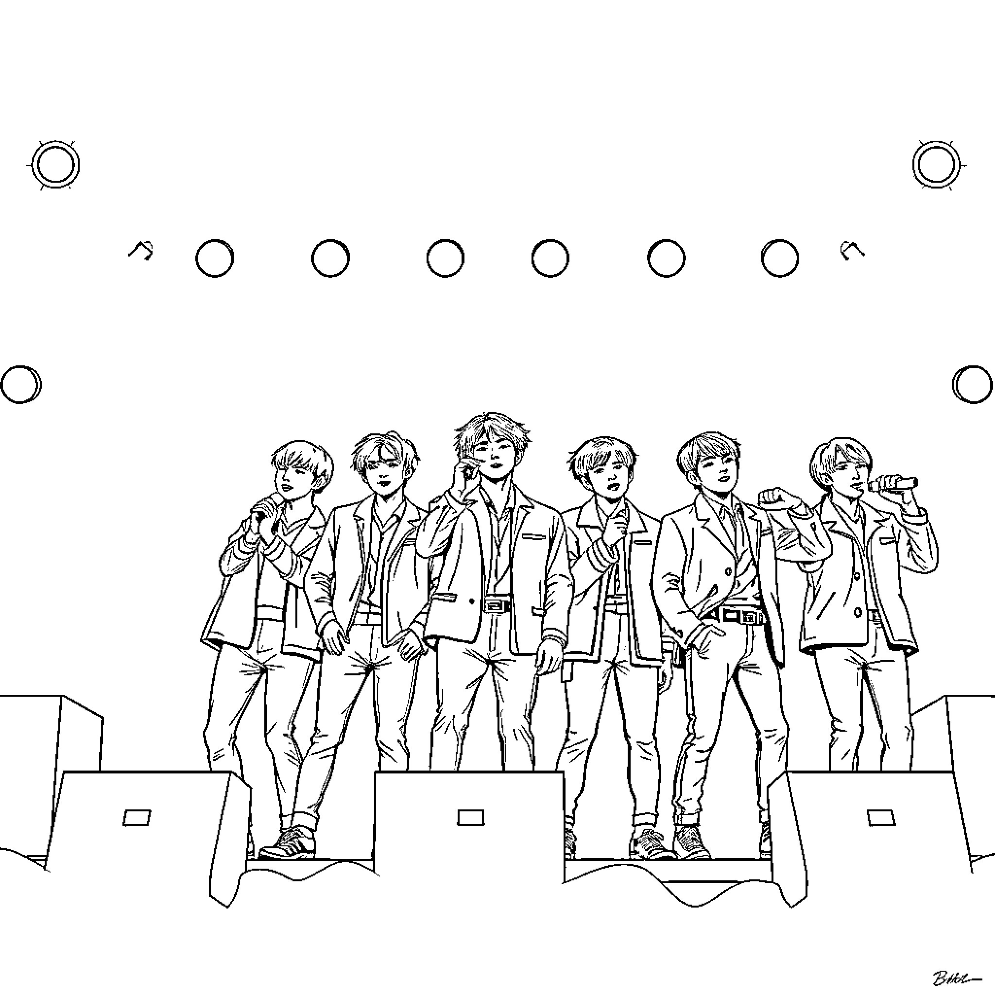 BTS Members Performing on Stage Coloring Page (free black-and-white line drawing printable PDF for all, from beginners to advanced learners, including children, teens, adults, and seniors)