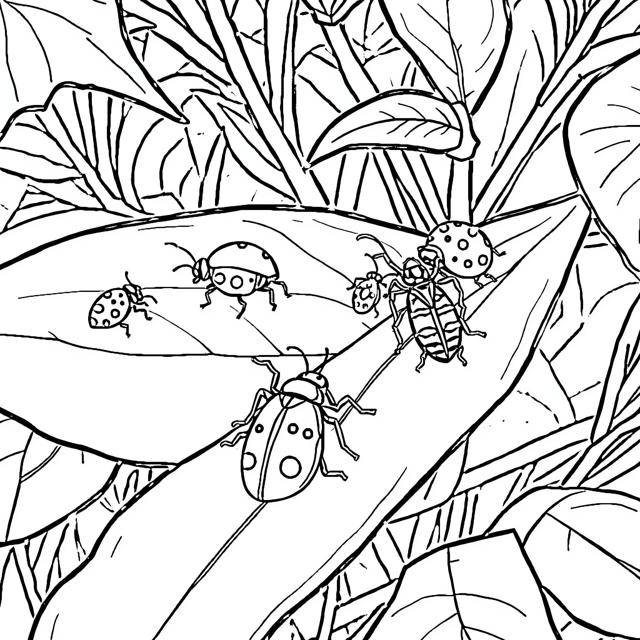 Bug friends exploring lush foliage Coloring Page (free black-and-white line drawing printable PDF for all, from beginners to advanced learners, including children, teens, adults, and seniors)
