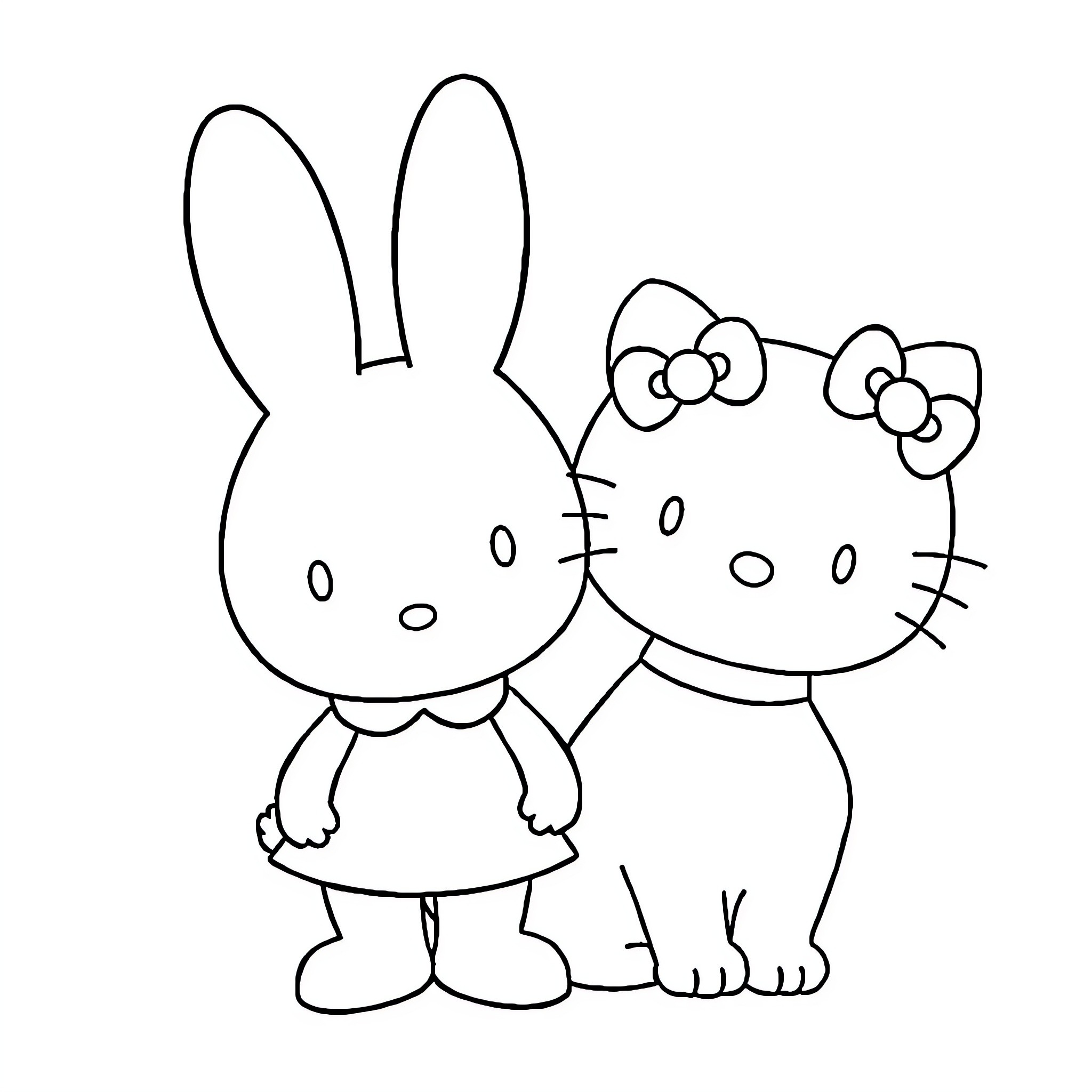 Bunny and Kitty playing together Coloring Page (free black-and-white line drawing printable PDF for all, from beginners to advanced learners, including children, teens, adults, and seniors)
