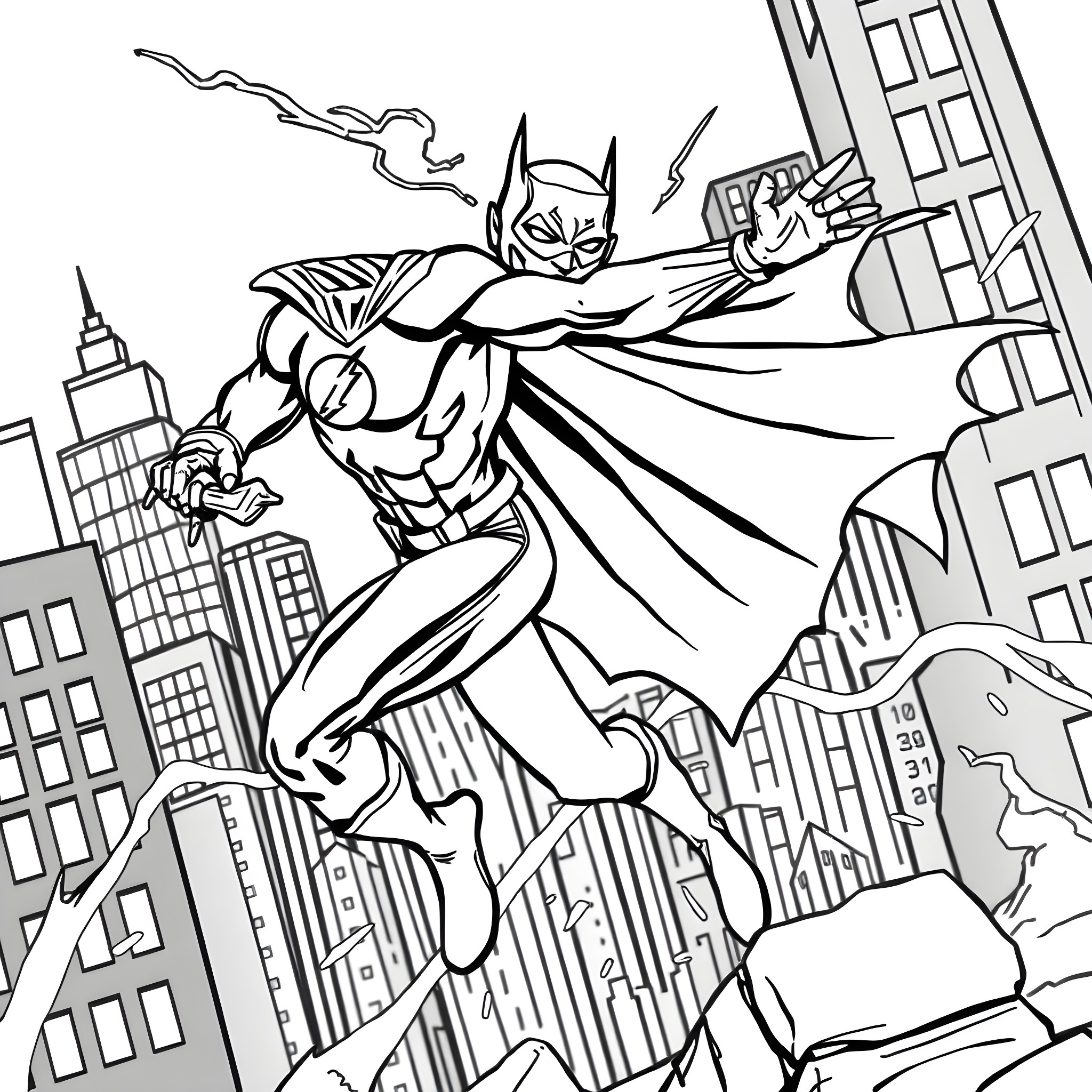 Flash Hero Soaring Over City Skyline Coloring Page (free black-and-white line drawing printable PDF for all, from beginners to advanced learners, including children, teens, adults, and seniors)