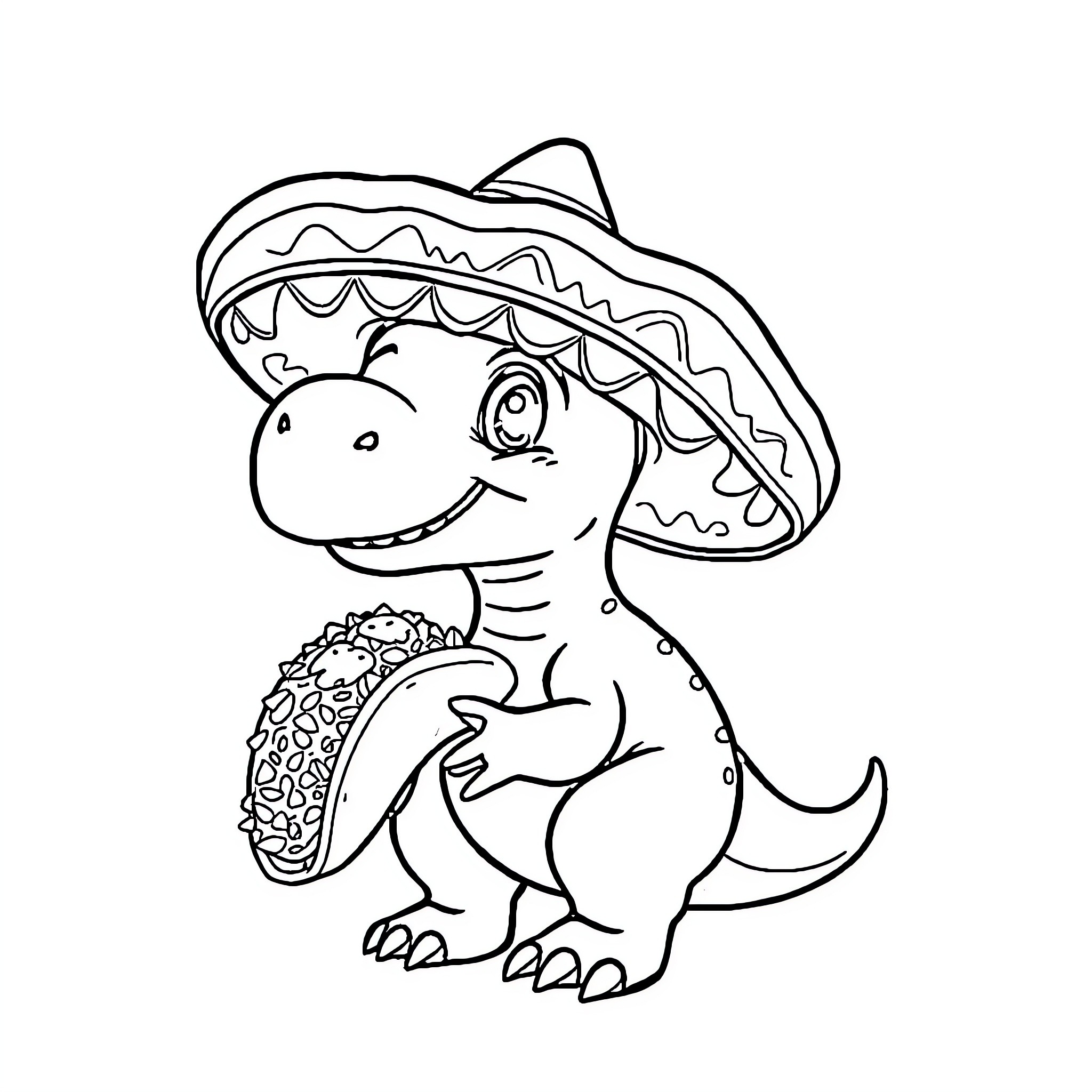 Dinosaur wearing sombrero and holding taco Coloring Page (free black-and-white line drawing printable PDF for all, from beginners to advanced learners, including children, teens, adults, and seniors)