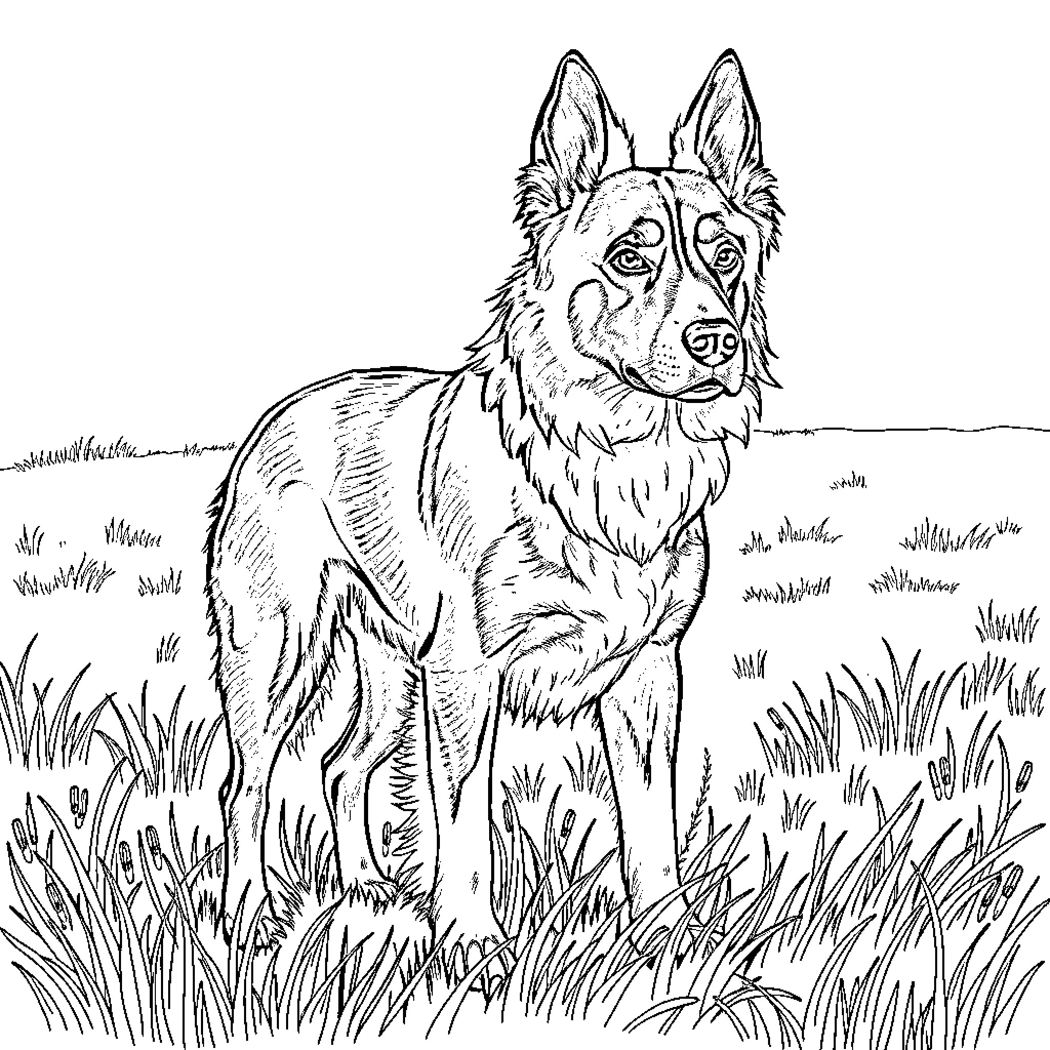 German Shepherd standing alert in grassy field Coloring Page (free black-and-white line drawing printable PDF for all, from beginners to advanced learners, including children, teens, adults, and seniors)