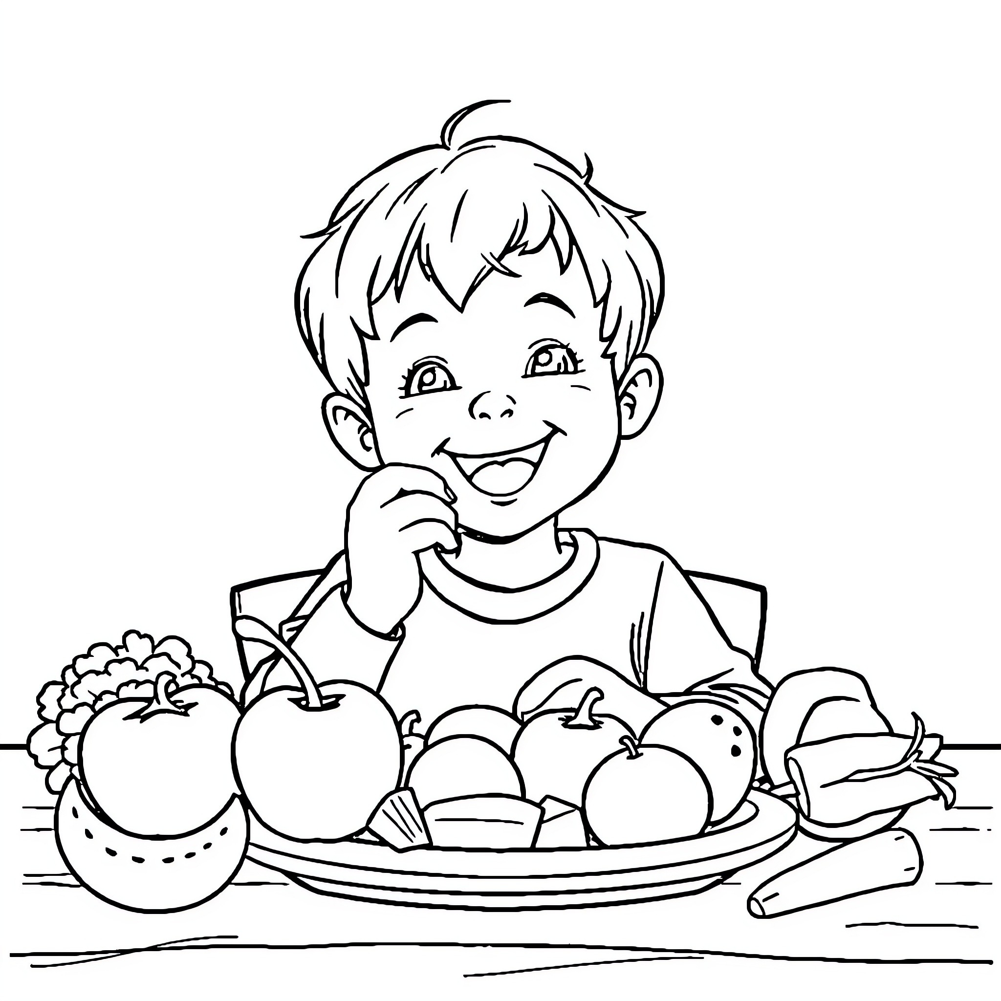 Kid delightfully enjoying a healthy snack Coloring Page (free black-and-white line drawing printable PDF for all, from beginners to advanced learners, including children, teens, adults, and seniors)