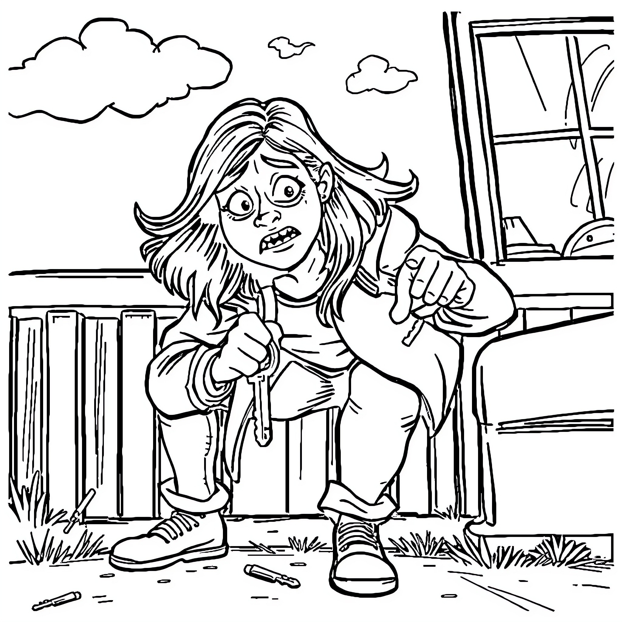 Woman in distress on a balcony Coloring Page (free black-and-white line drawing printable PDF for all, from beginners to advanced learners, including children, teens, adults, and seniors)
