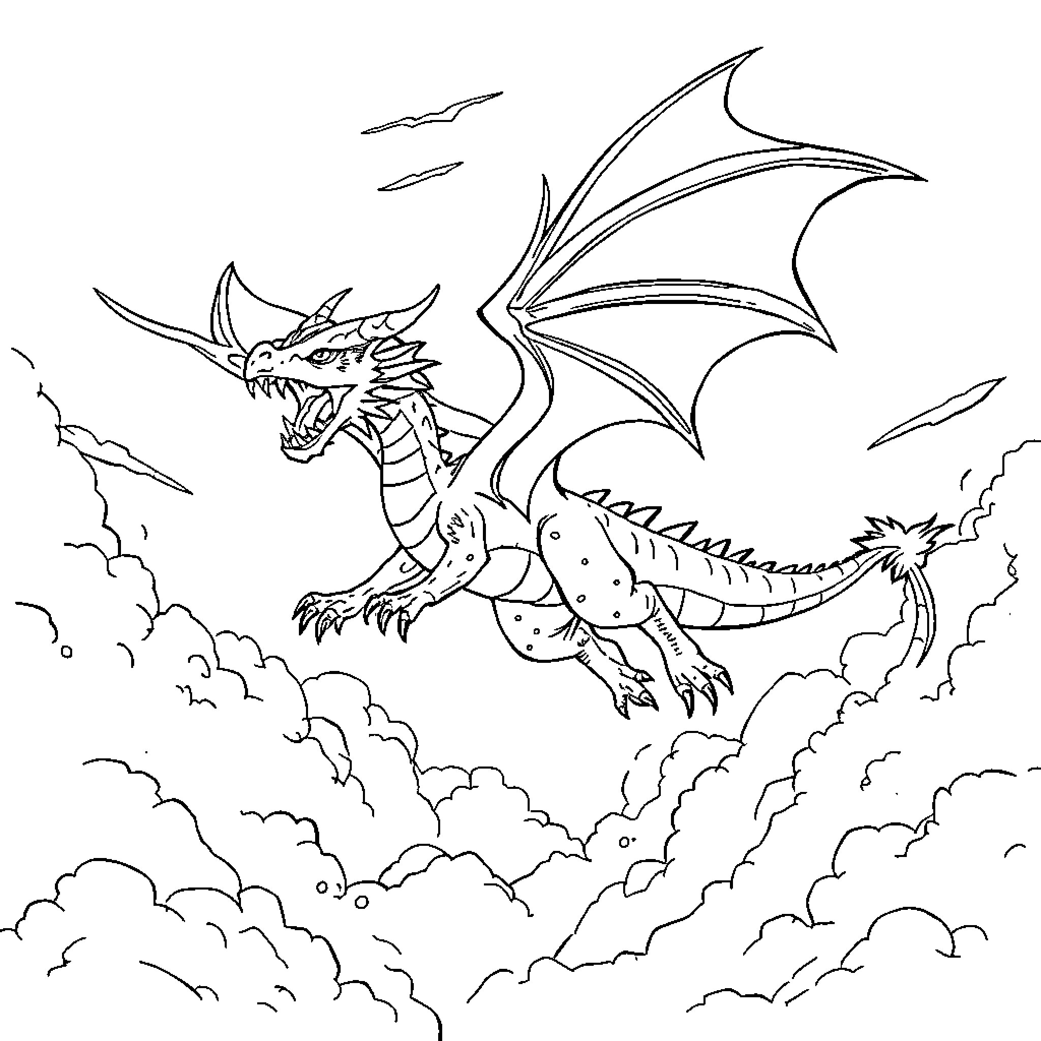 Dragon Soaring Fiercely Through Cloudy Skies Coloring Page (free black-and-white line drawing printable PDF for all, from beginners to advanced learners, including children, teens, adults, and seniors)