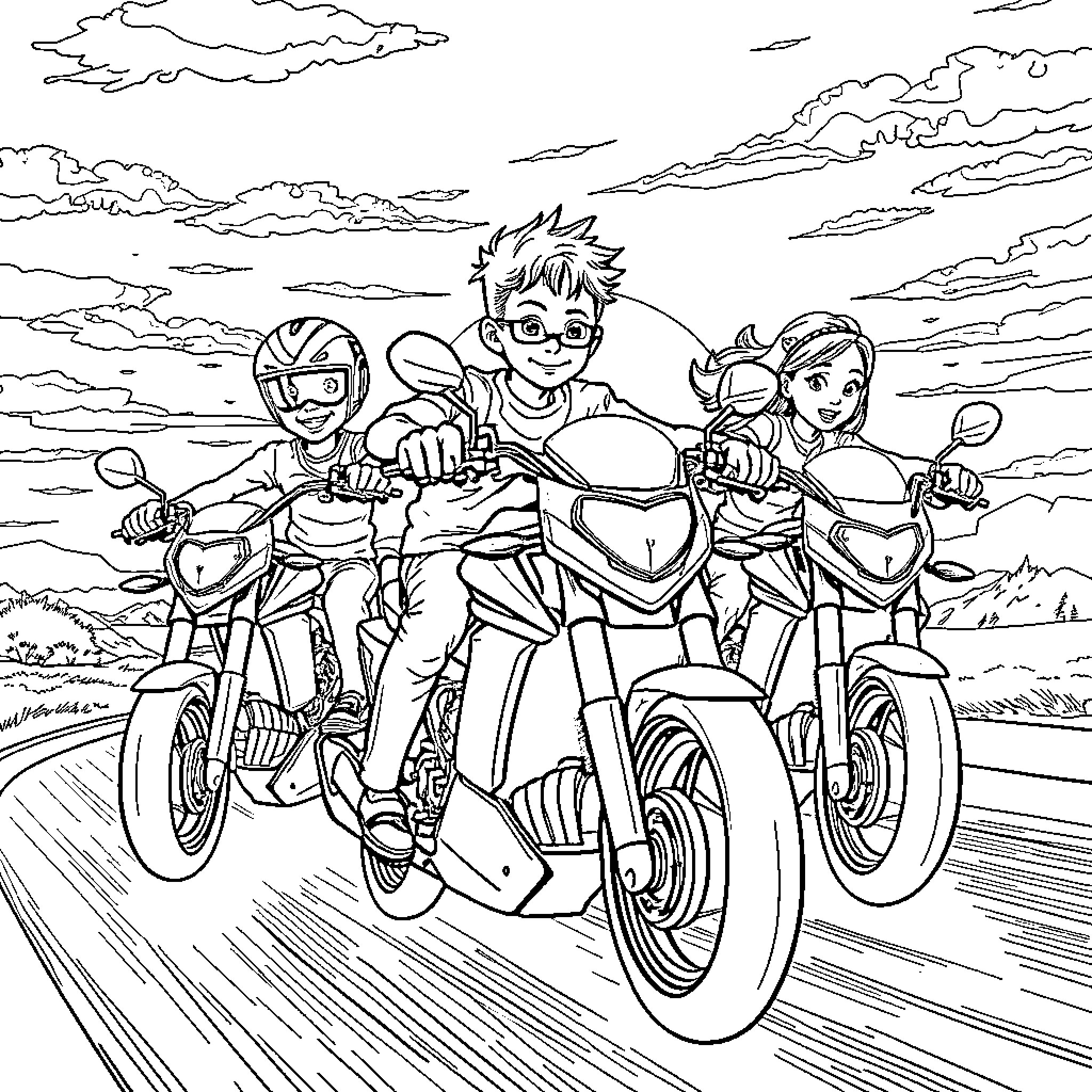 Kid friends riding motorcycles on the road Coloring Page (free black-and-white line drawing printable PDF for all, from beginners to advanced learners, including children, teens, adults, and seniors)