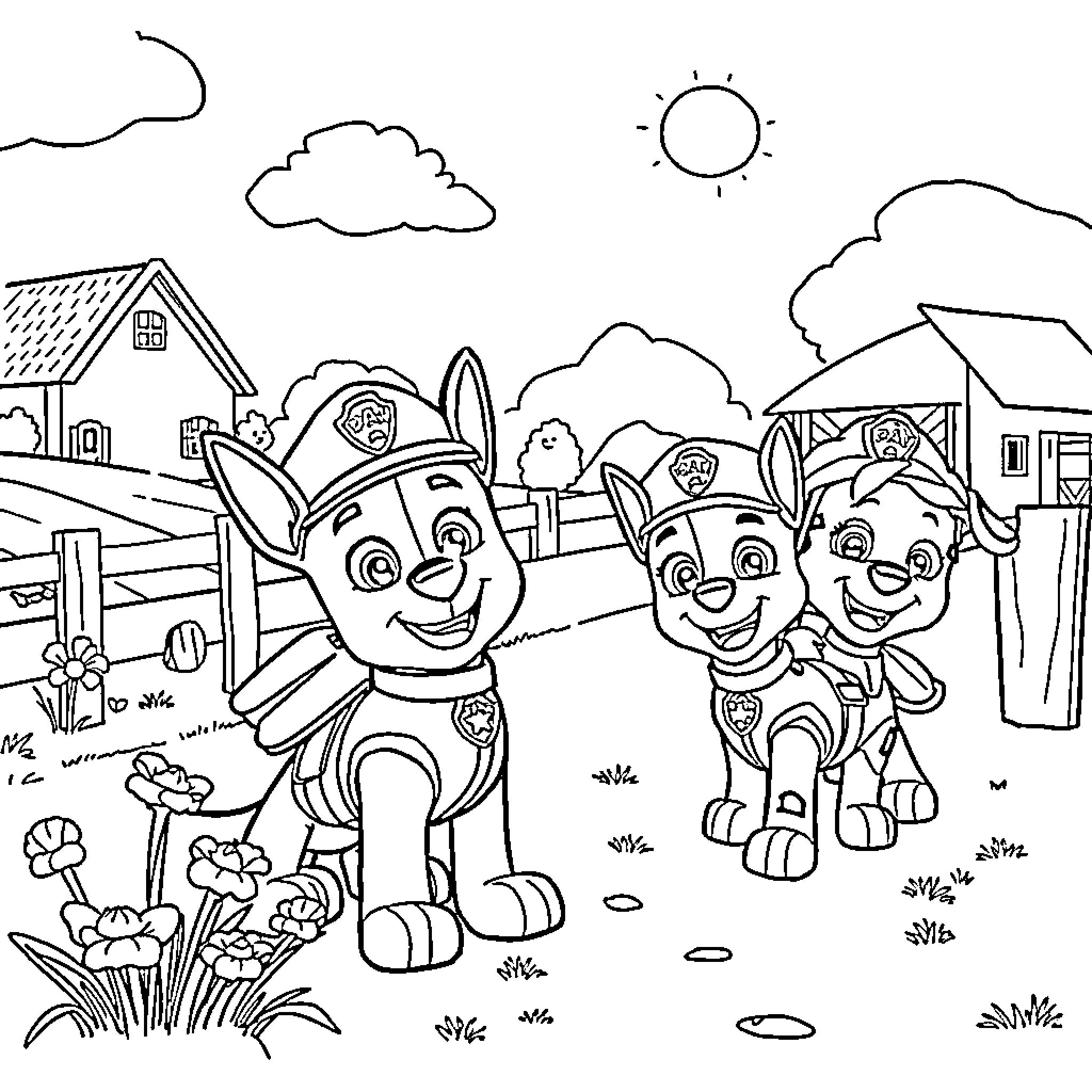 Paw Patrol characters playing outside happily Coloring Page (free black-and-white line drawing printable PDF for all, from beginners to advanced learners, including children, teens, adults, and seniors)
