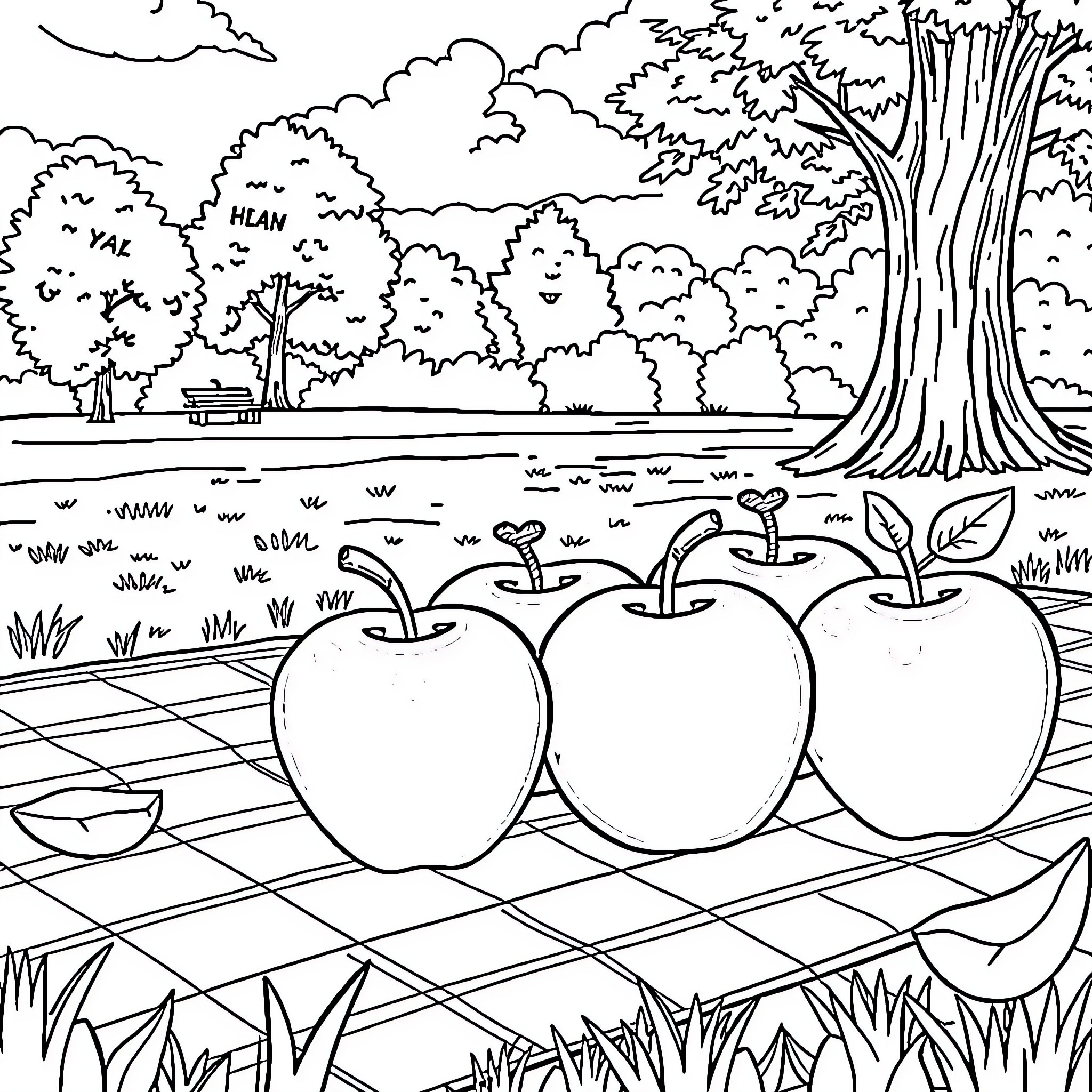 Apple Picking in the Orchard Coloring Page (free black-and-white line drawing printable PDF for all, from beginners to advanced learners, including children, teens, adults, and seniors)