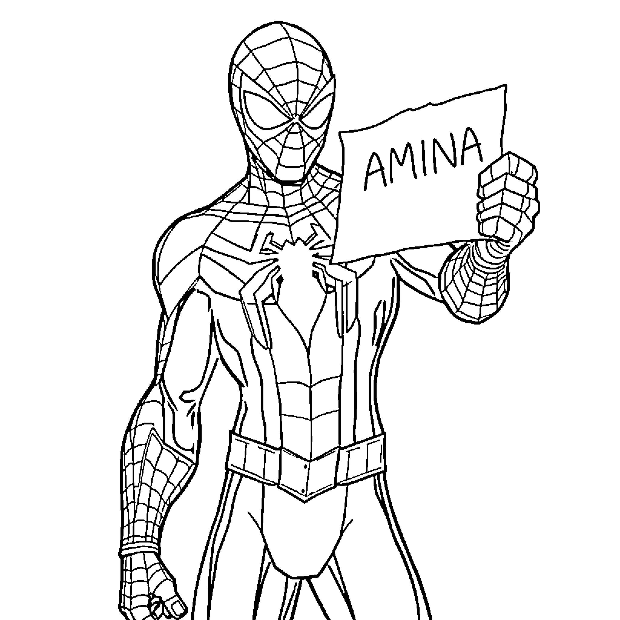 Spiderman holding a sign that says 'Amina' Coloring Page (free black-and-white line drawing printable PDF for all, from beginners to advanced learners, including children, teens, adults, and seniors)