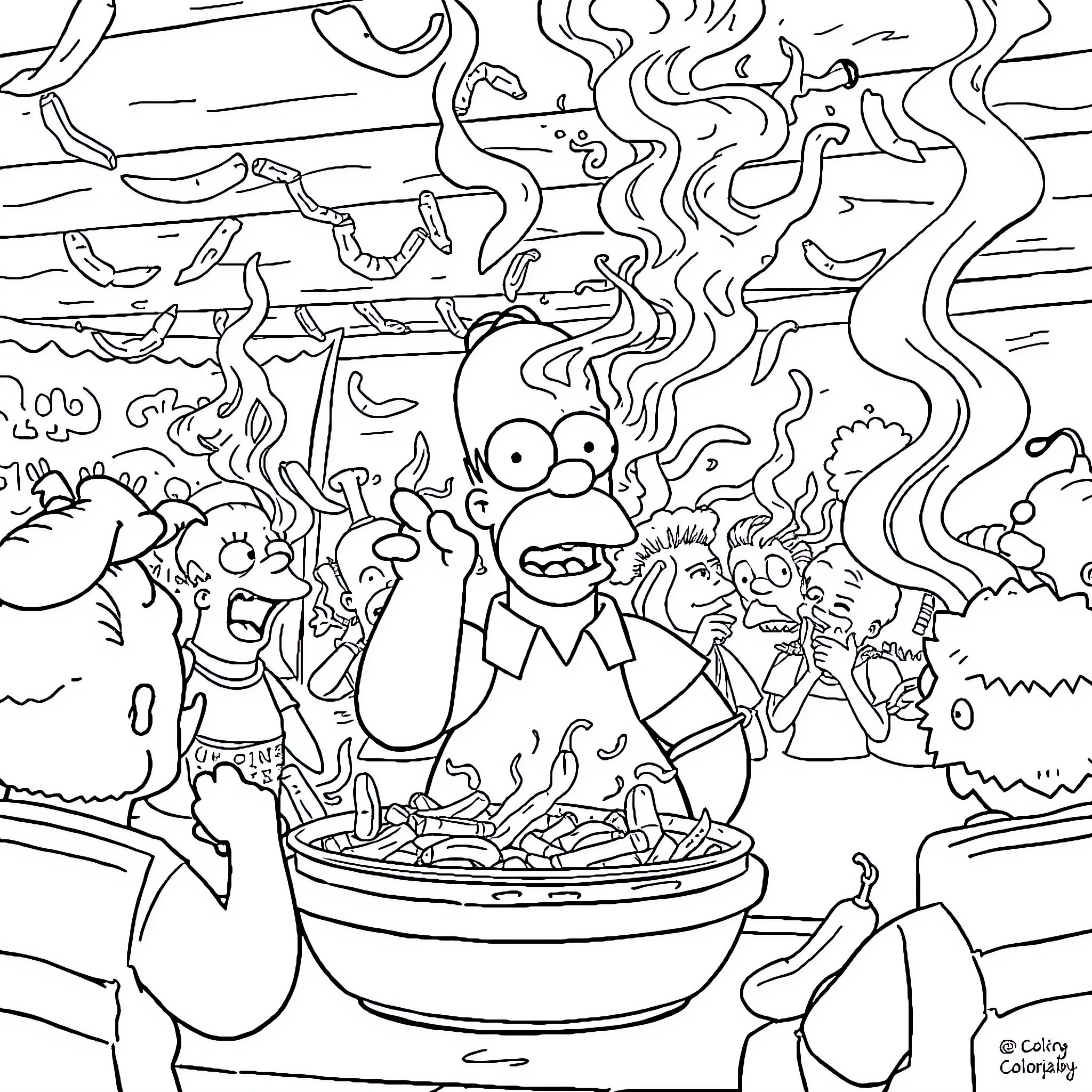 Homer Simpson in a chaotic scene with bizarre creatures Coloring Page (free black-and-white line drawing printable PDF for all, from beginners to advanced learners, including children, teens, adults, and seniors)