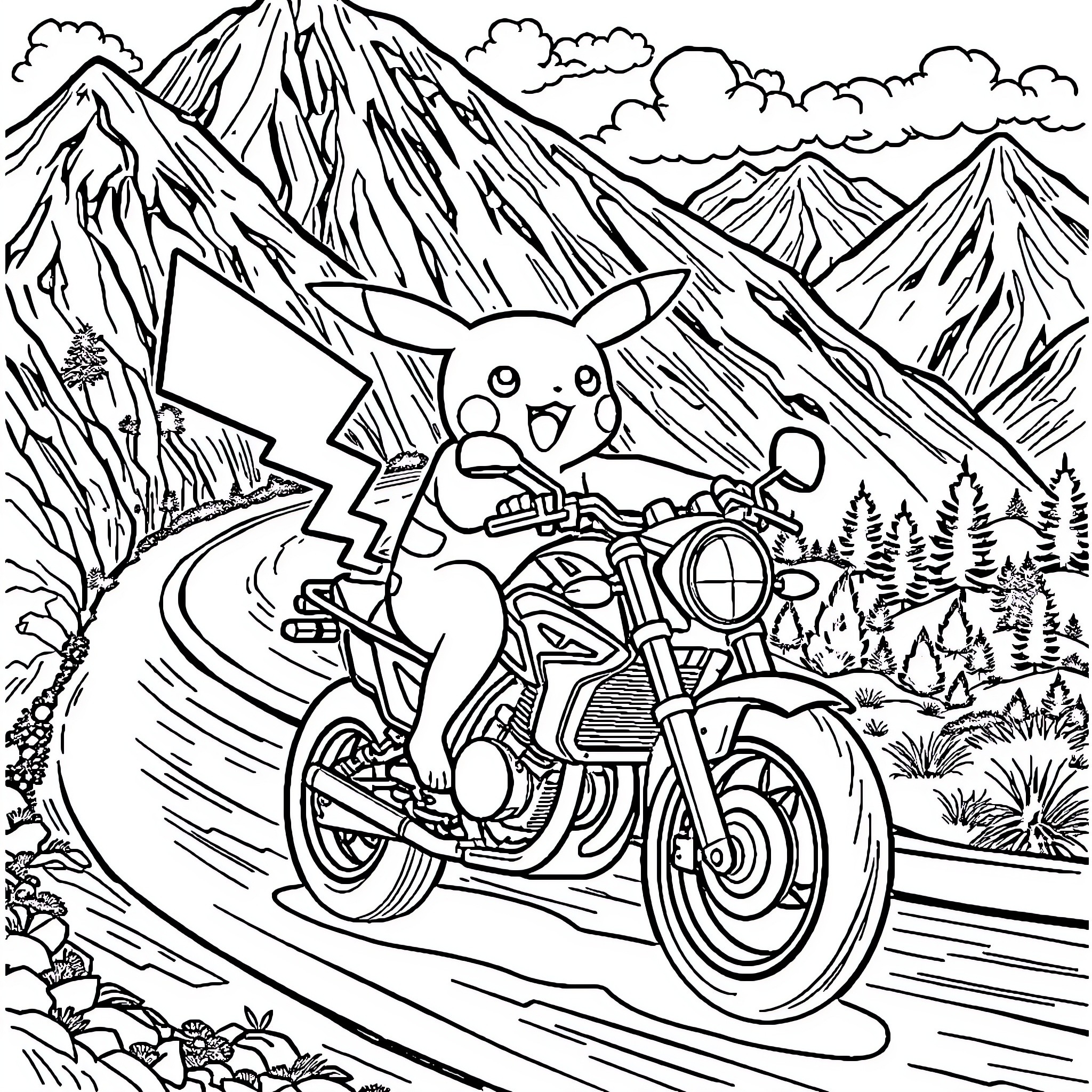 Pikachu enjoying a thrilling motorcycle ride through the mountains Coloring Page (free black-and-white line drawing printable PDF for all, from beginners to advanced learners, including children, teens, adults, and seniors)