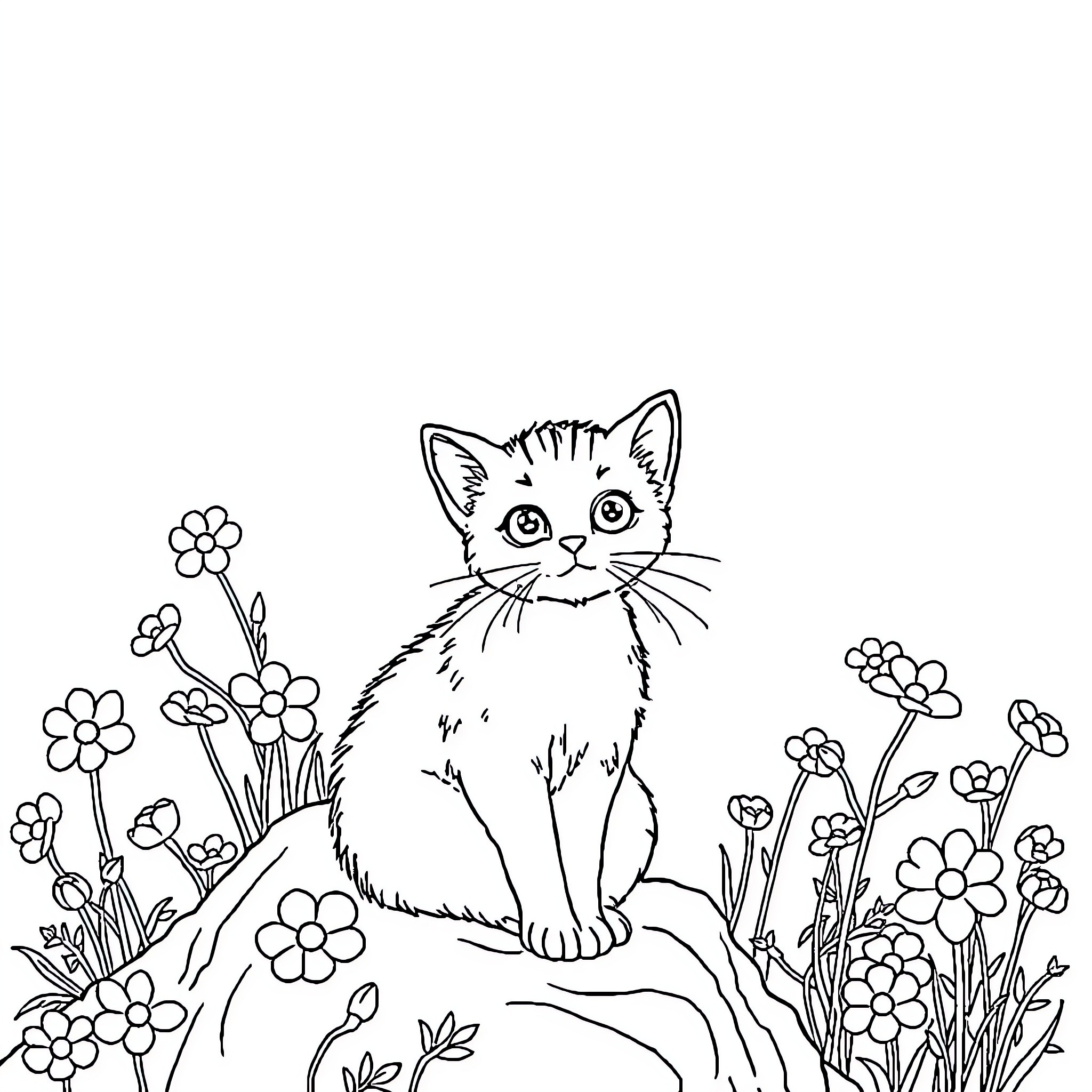 Gato kitten surrounded by flowers Coloring Page (free black-and-white line drawing printable PDF for all, from beginners to advanced learners, including children, teens, adults, and seniors)