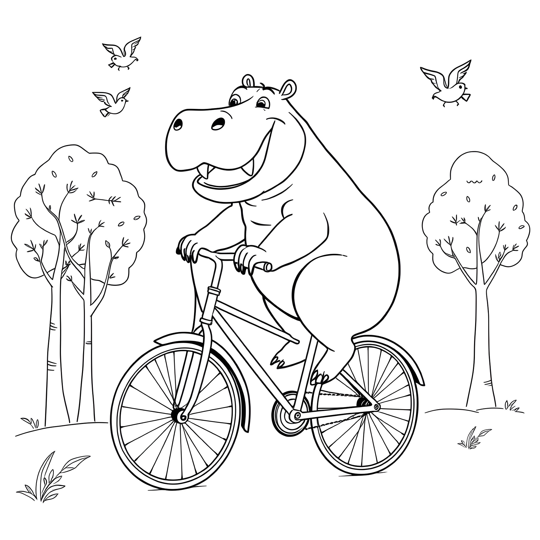 Hippopotamus riding a bicycle in the park Coloring Page (free black-and-white line drawing printable PDF for all, from beginners to advanced learners, including children, teens, adults, and seniors)