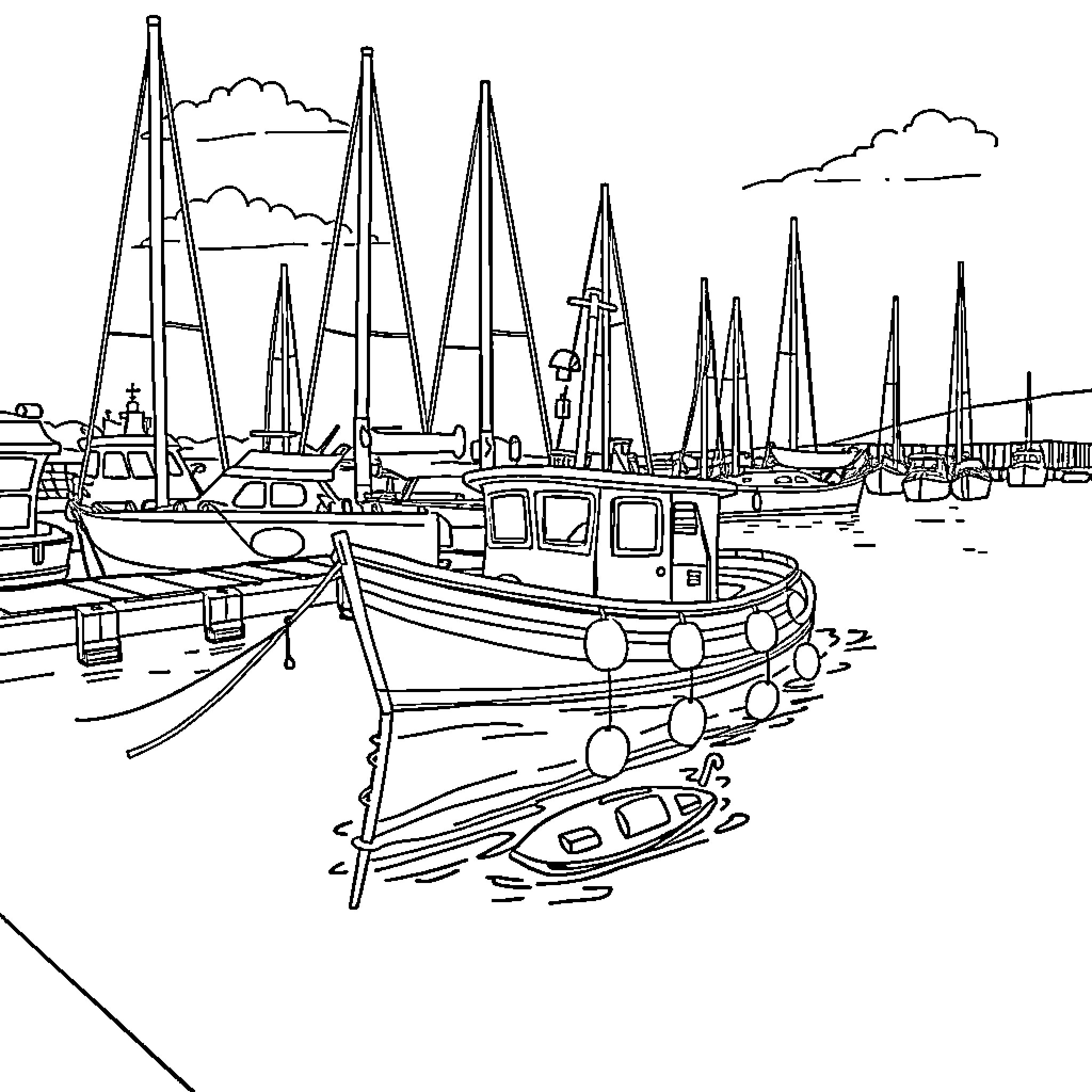 Marina with sailboats and fishing boats in the harbor Coloring Page (free black-and-white line drawing printable PDF for all, from beginners to advanced learners, including children, teens, adults, and seniors)