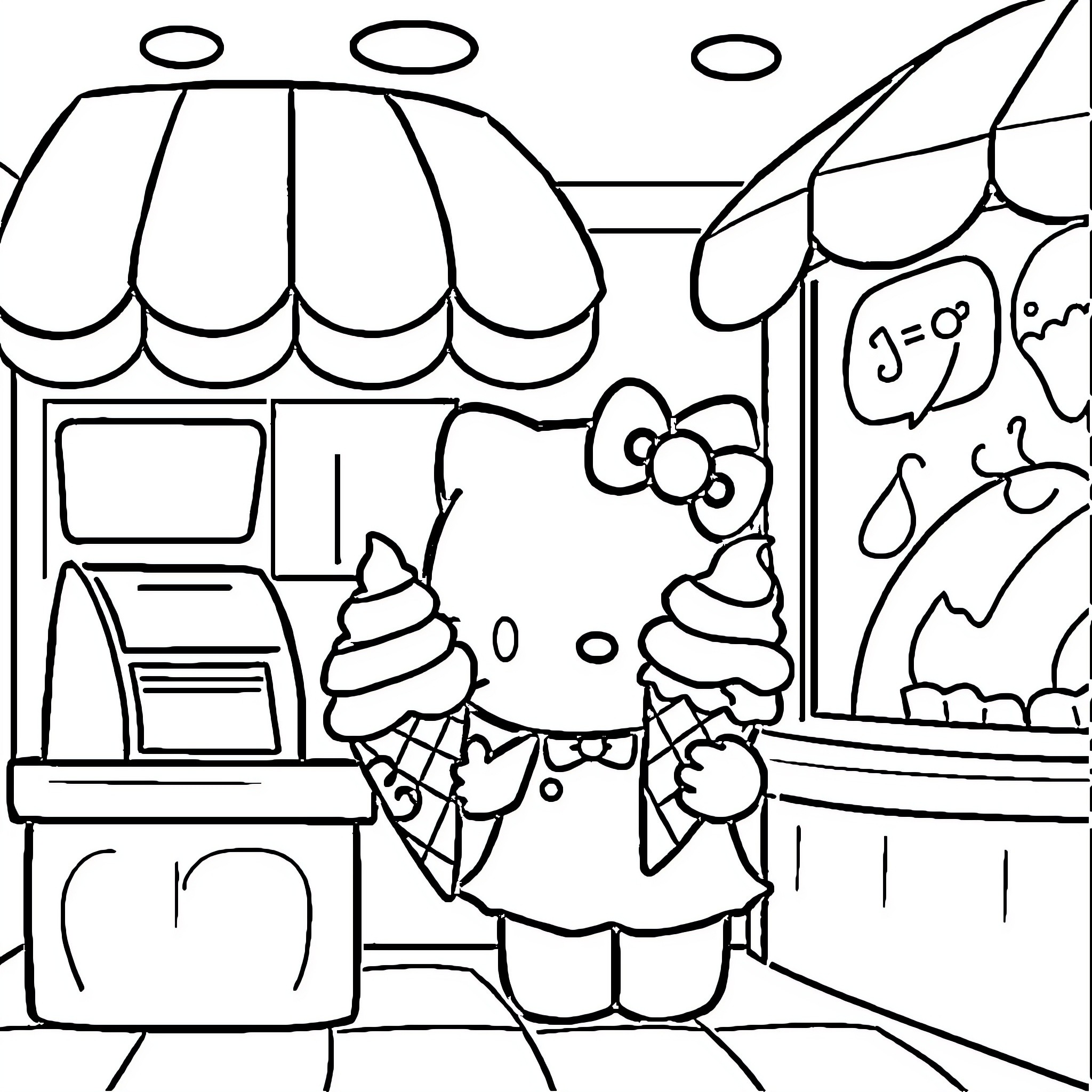 Cinnamon Roll Enjoying Ice Cream at Dessert Shop Coloring Page (free black-and-white line drawing printable PDF for all, from beginners to advanced learners, including children, teens, adults, and seniors)