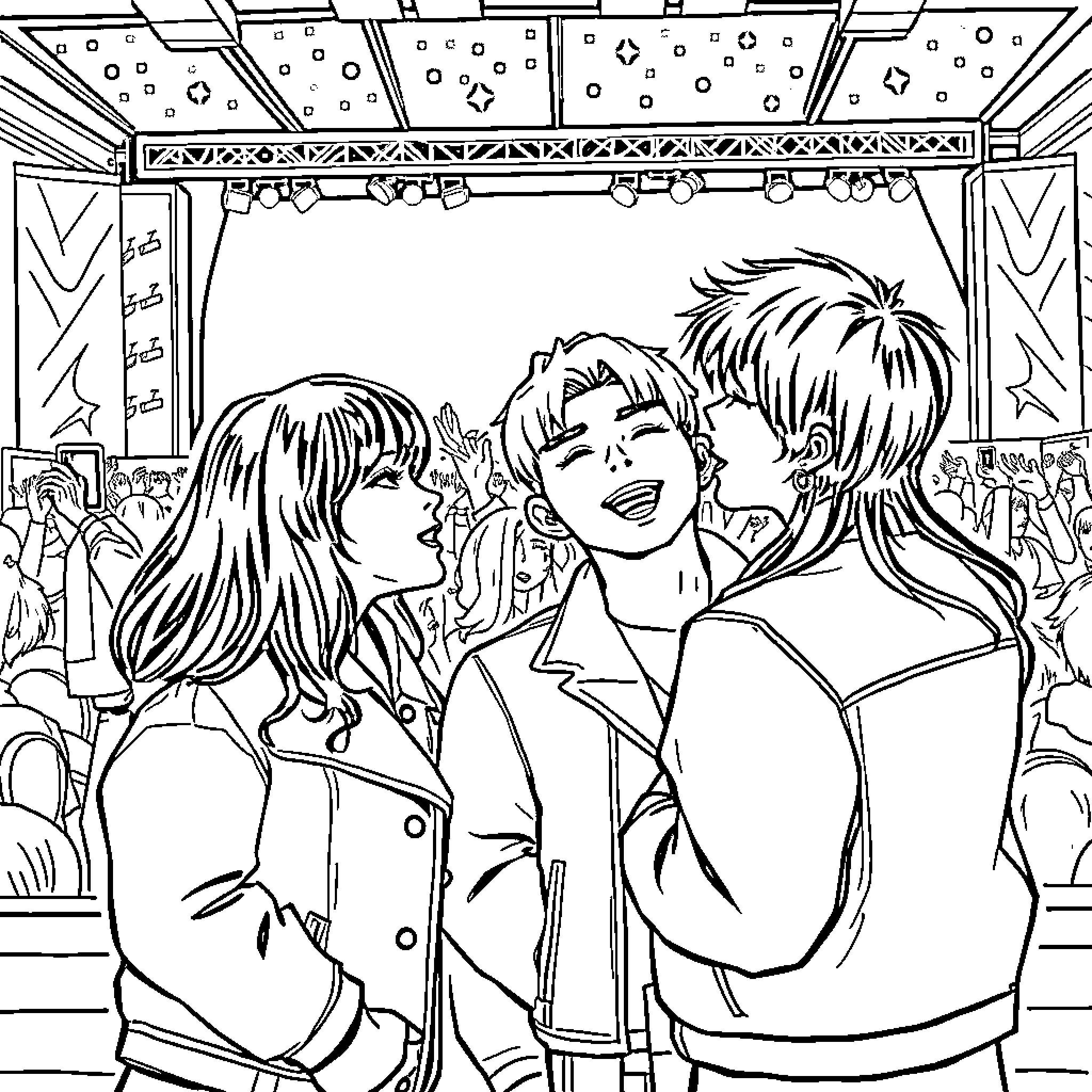 Kpop Stars Enjoying a Vibrant Live Performance Coloring Page (free black-and-white line drawing printable PDF for all, from beginners to advanced learners, including children, teens, adults, and seniors)