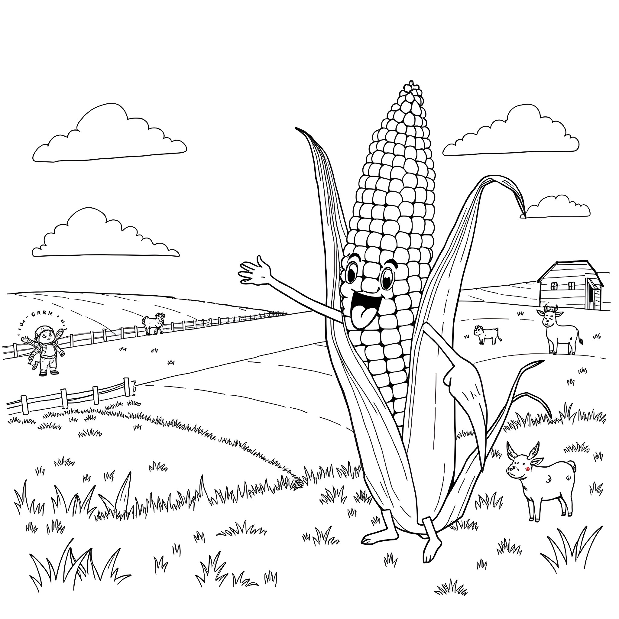 Corn growing happily in the farm field Coloring Page (free black-and-white line drawing printable PDF for all, from beginners to advanced learners, including children, teens, adults, and seniors)
