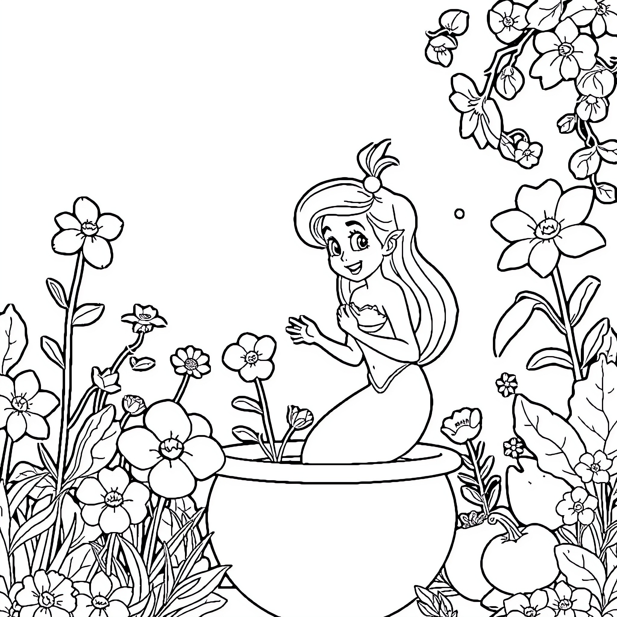 Ariel enjoying nature among flowers Coloring Page (free black-and-white line drawing printable PDF for all, from beginners to advanced learners, including children, teens, adults, and seniors)