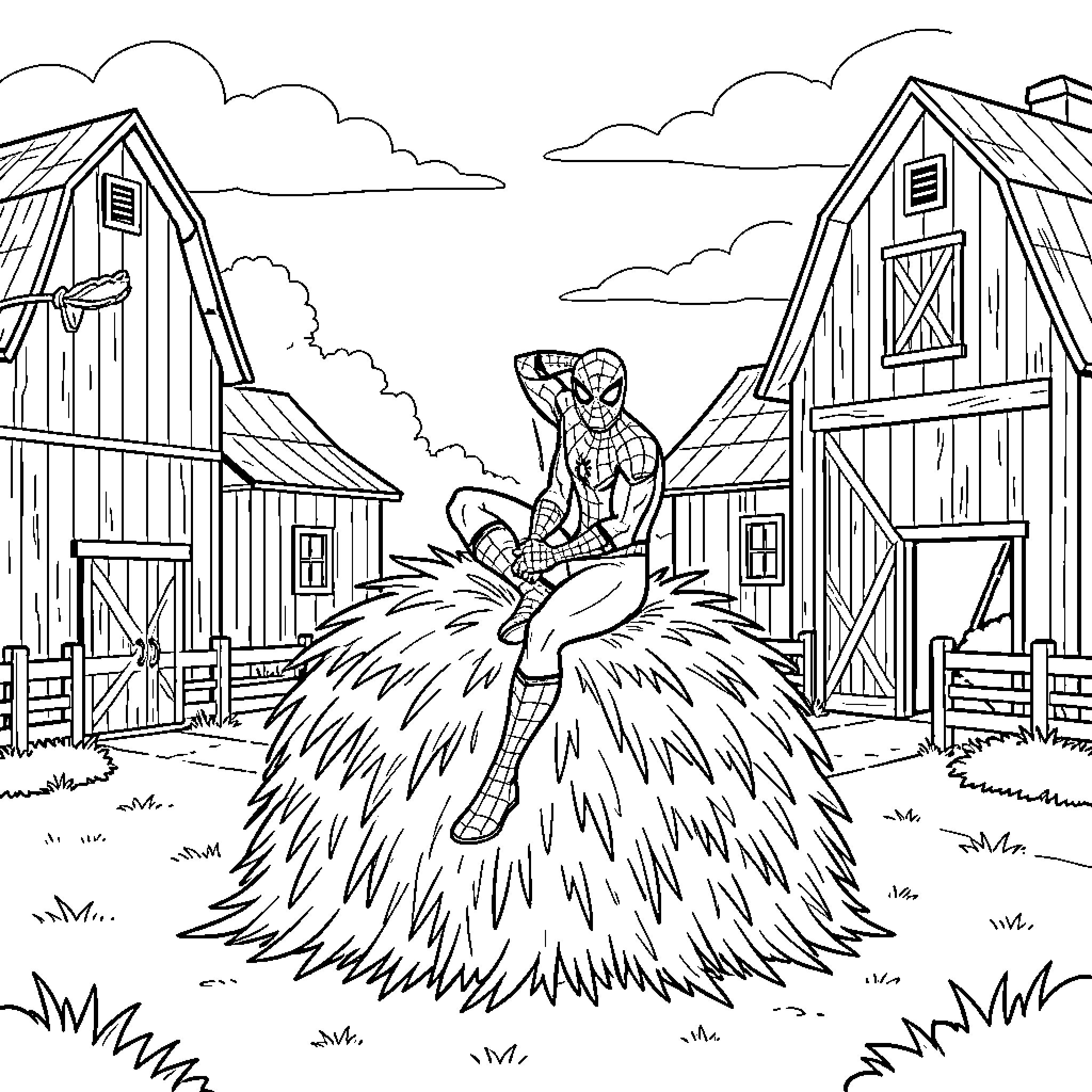 Spiderman sitting relaxed on a large haystack Coloring Page (free black-and-white line drawing printable PDF for all, from beginners to advanced learners, including children, teens, adults, and seniors)