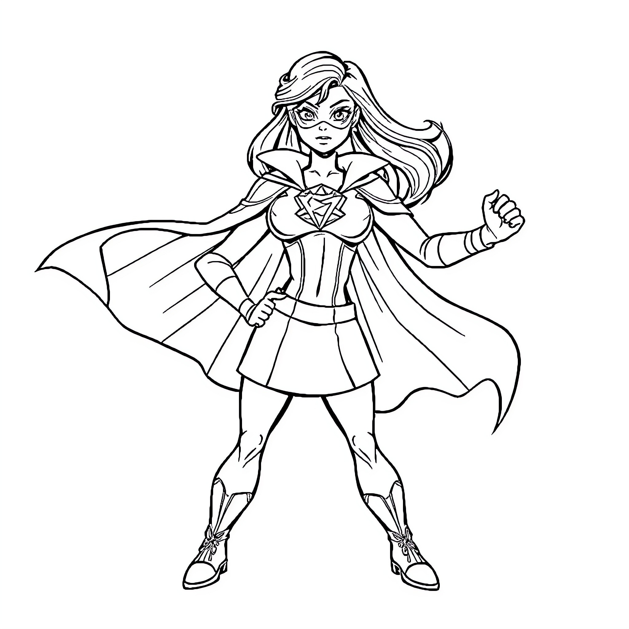 Superhero Woman with Powerful Stance and Costume Coloring Page (free black-and-white line drawing printable PDF for all, from beginners to advanced learners, including children, teens, adults, and seniors)