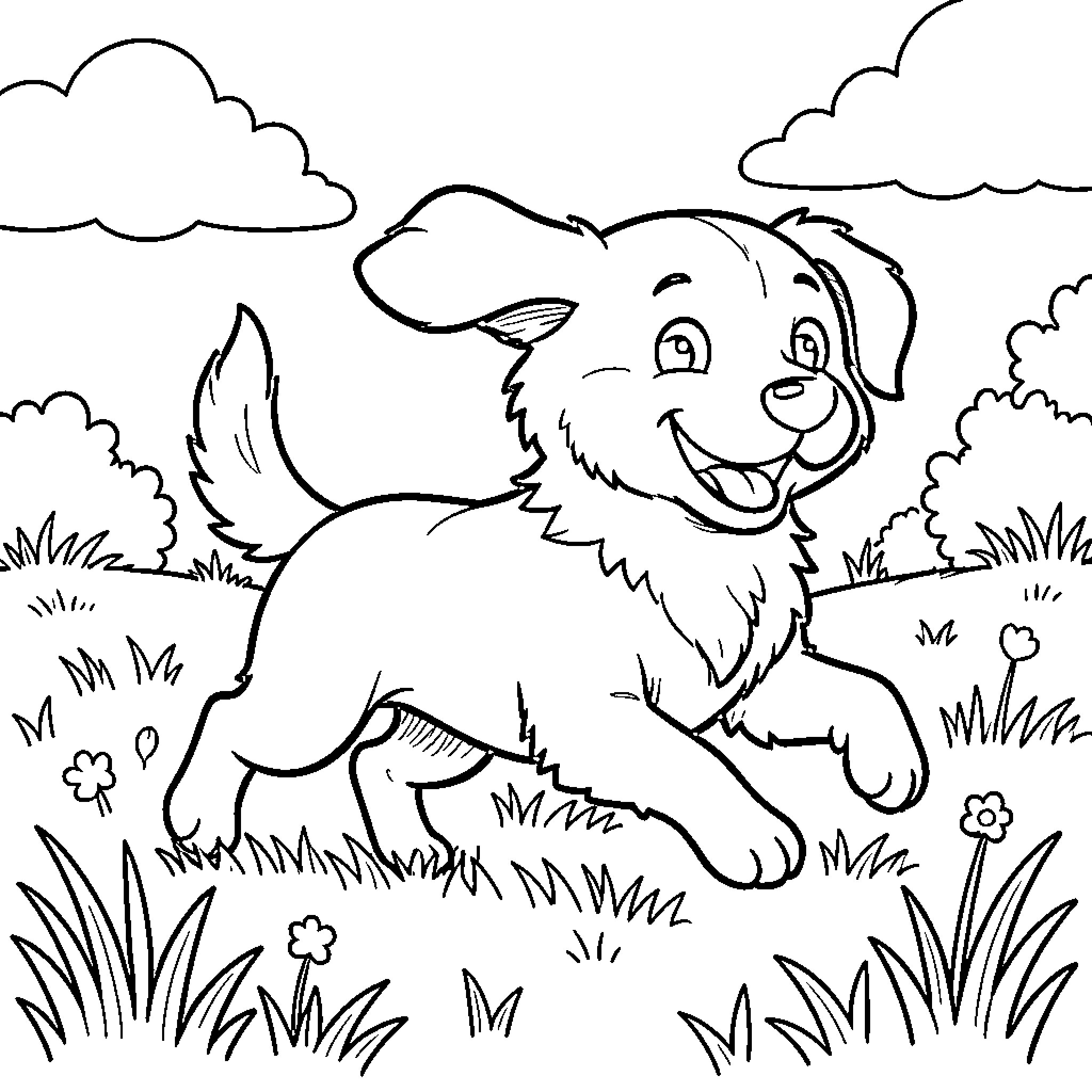 Dog happily running in a grassy field Coloring Page (free black-and-white line drawing printable PDF for all, from beginners to advanced learners, including children, teens, adults, and seniors)