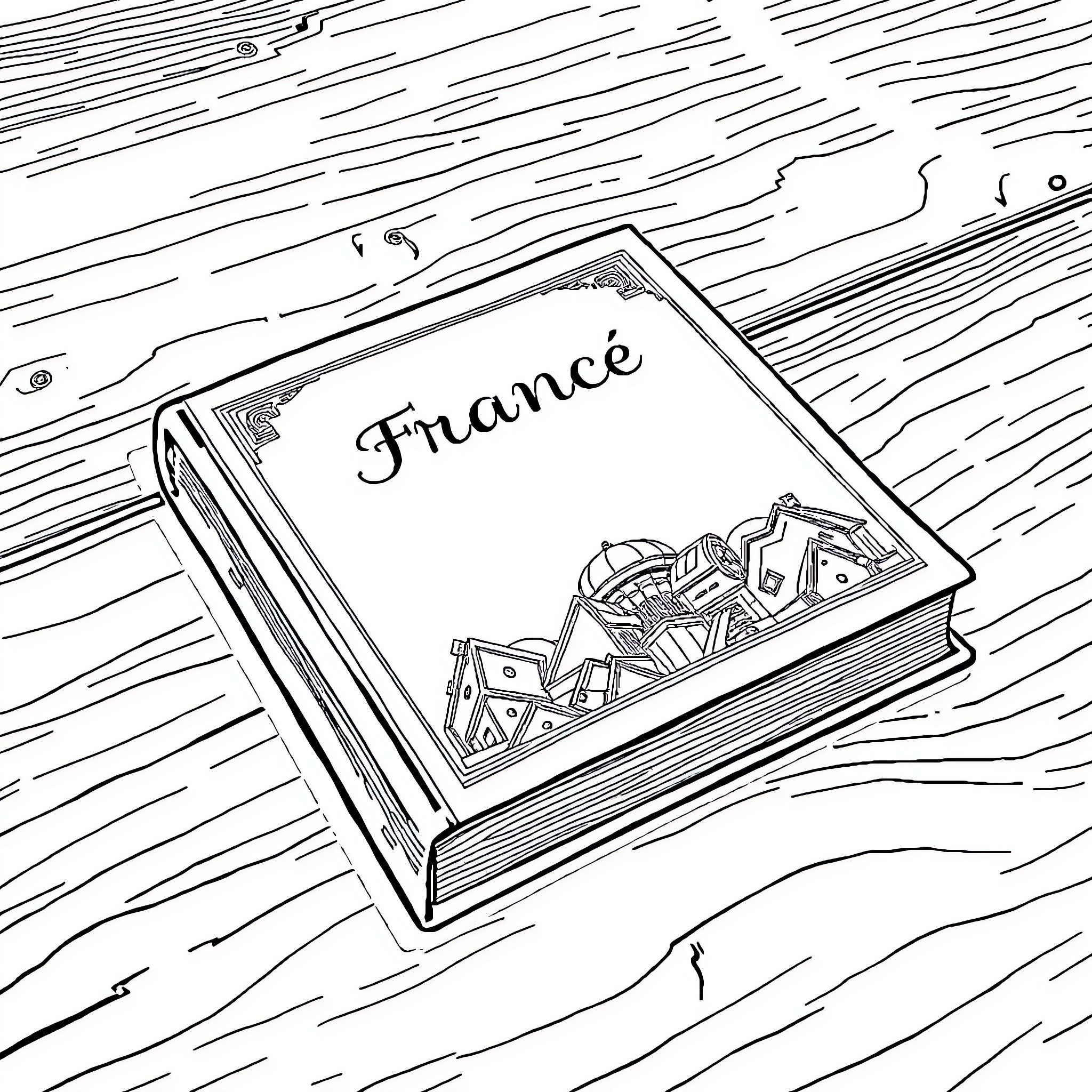 Book depicting architectural landmarks of France Coloring Page (free black-and-white line drawing printable PDF for all, from beginners to advanced learners, including children, teens, adults, and seniors)