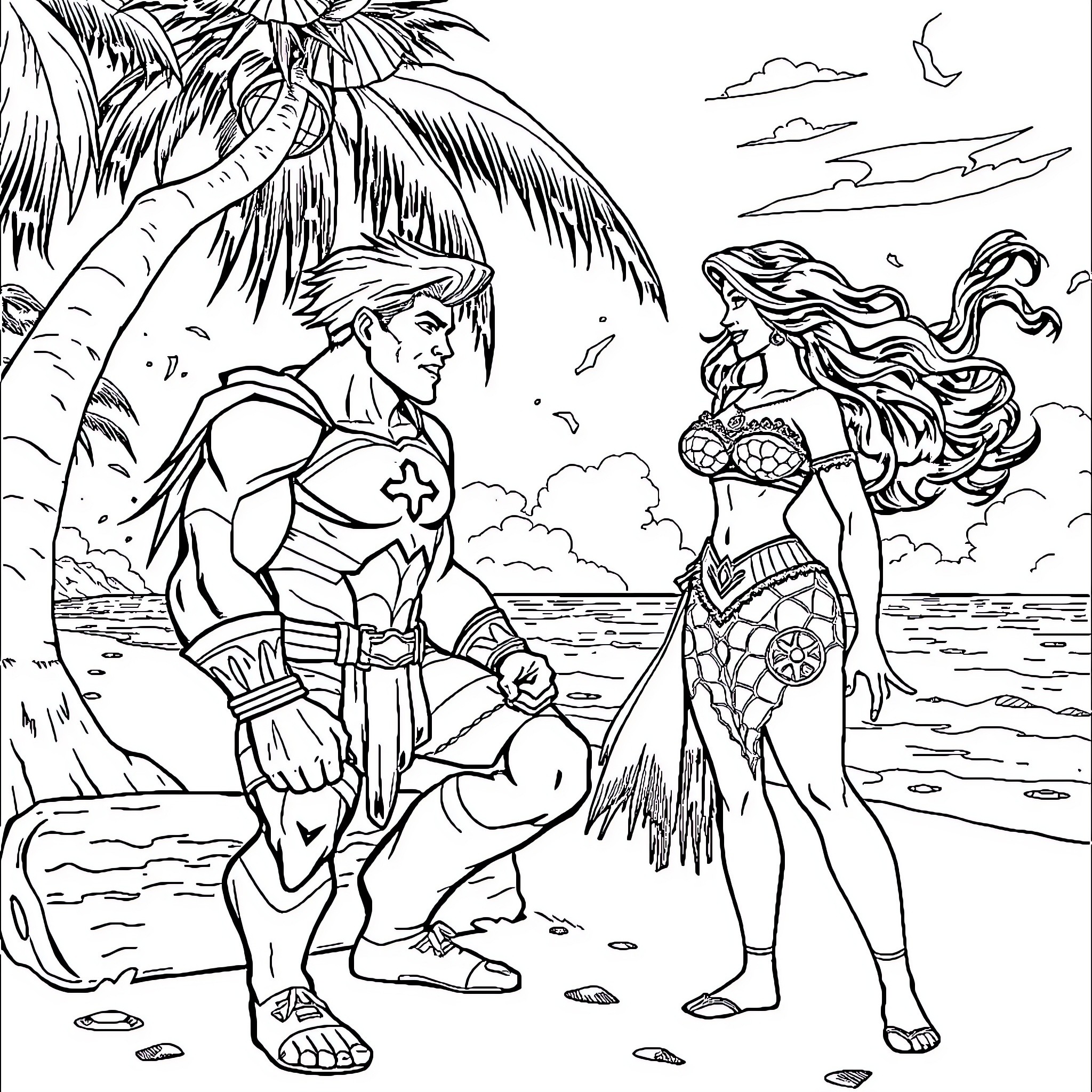 Titans of the Tropical Paradise Coloring Page (free black-and-white line drawing printable PDF for all, from beginners to advanced learners, including children, teens, adults, and seniors)
