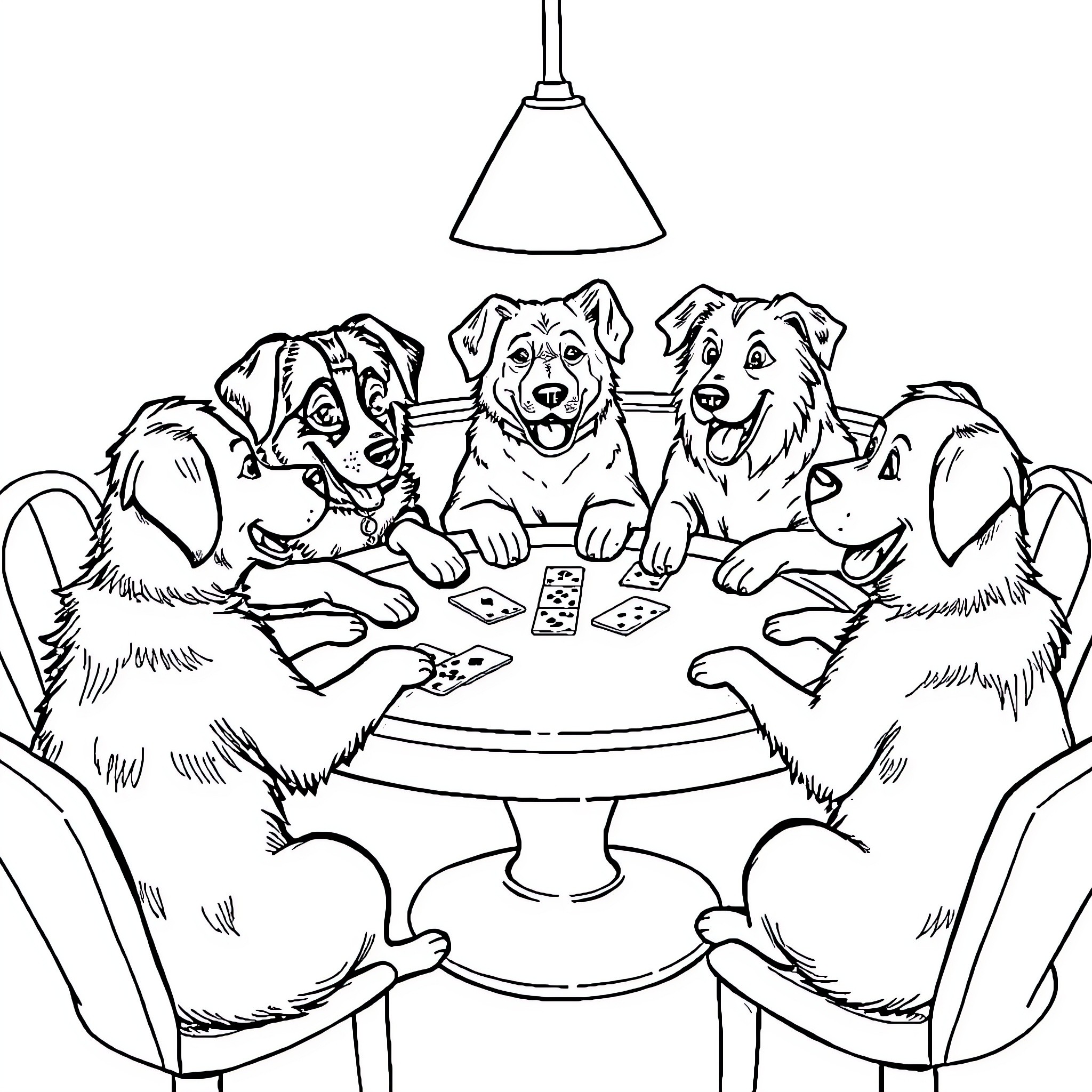 Dogs Playing Poker Under Lamp Coloring Page (free black-and-white line drawing printable PDF for all, from beginners to advanced learners, including children, teens, adults, and seniors)