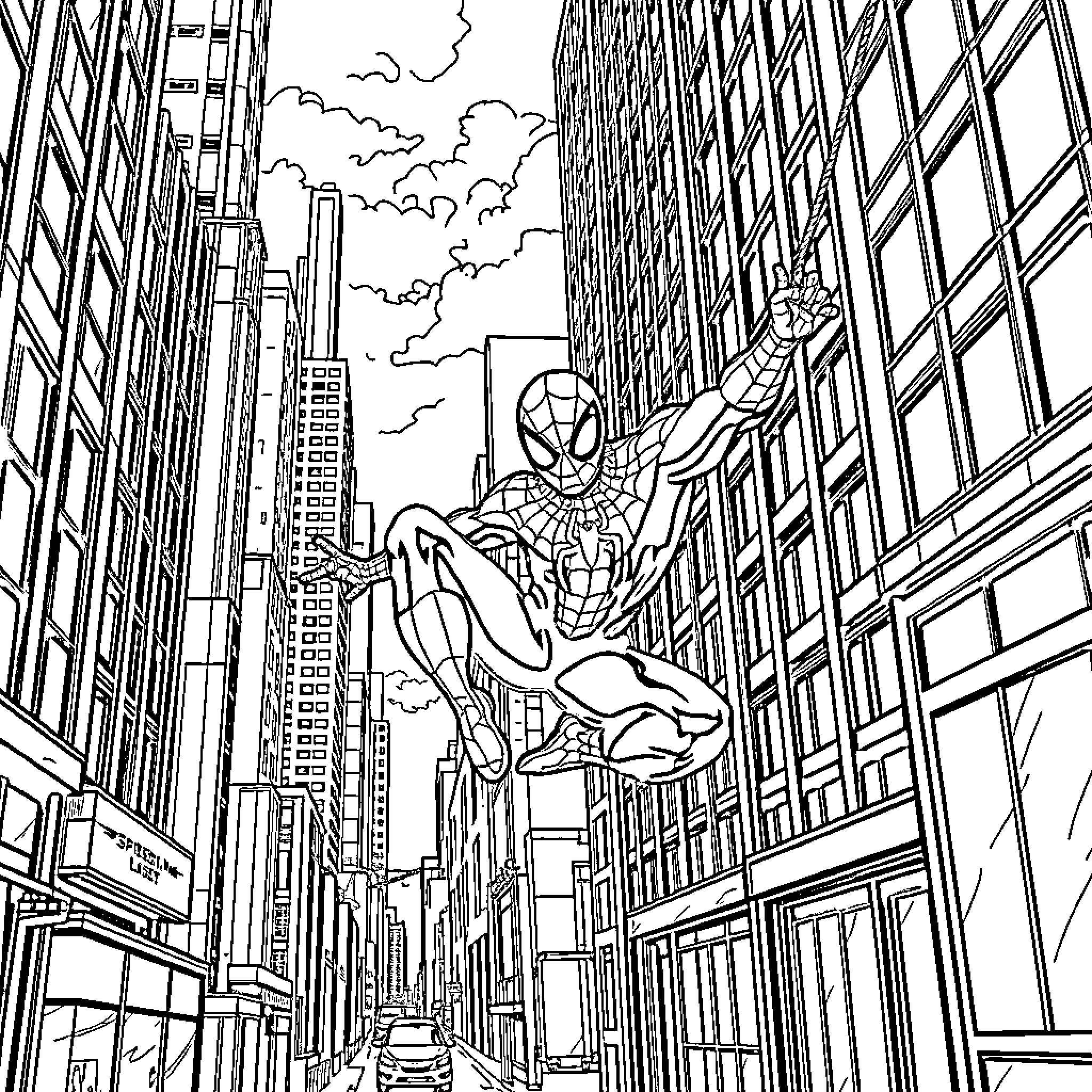 Spider-Man swinging through the bustling city streets Coloring Page (free black-and-white line drawing printable PDF for all, from beginners to advanced learners, including children, teens, adults, and seniors)