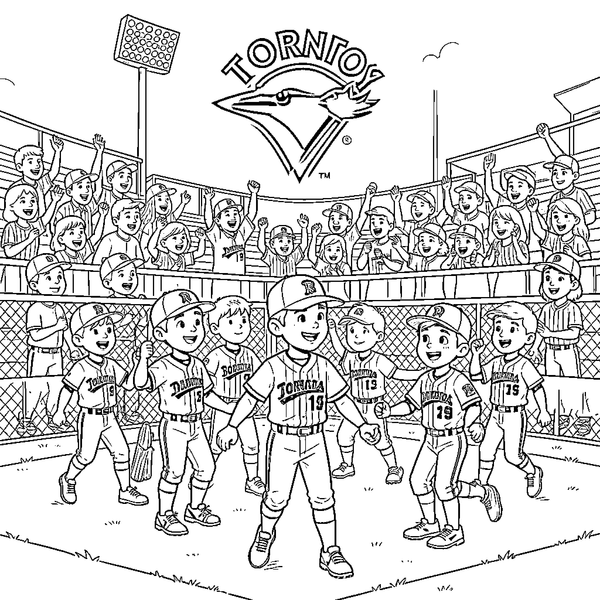 Baseball players celebrating a victory with cheering fans Coloring Page (free black-and-white line drawing printable PDF for all, from beginners to advanced learners, including children, teens, adults, and seniors)