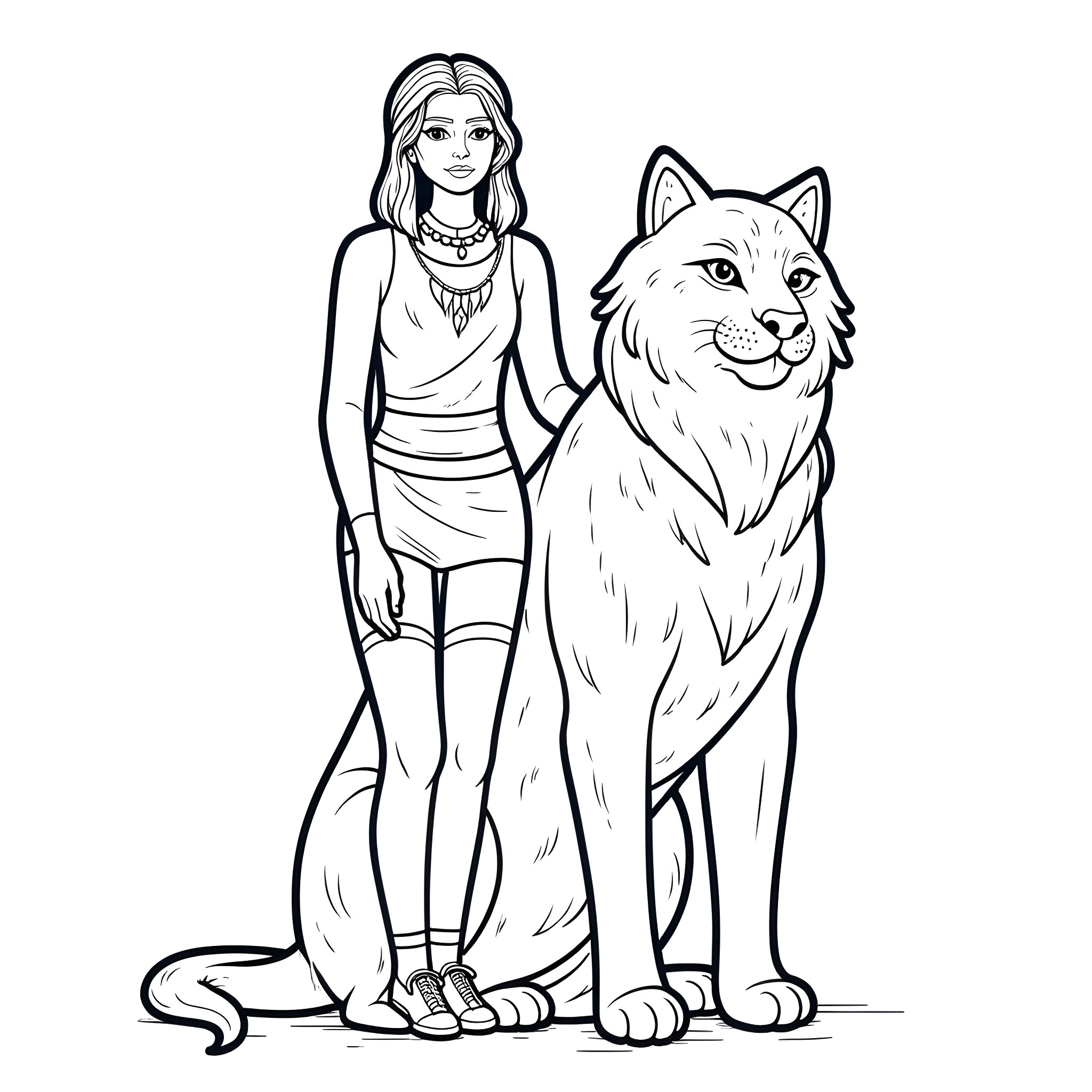 Lady with pet wolf in the wild Coloring Page (free black-and-white line drawing printable PDF for all, from beginners to advanced learners, including children, teens, adults, and seniors)