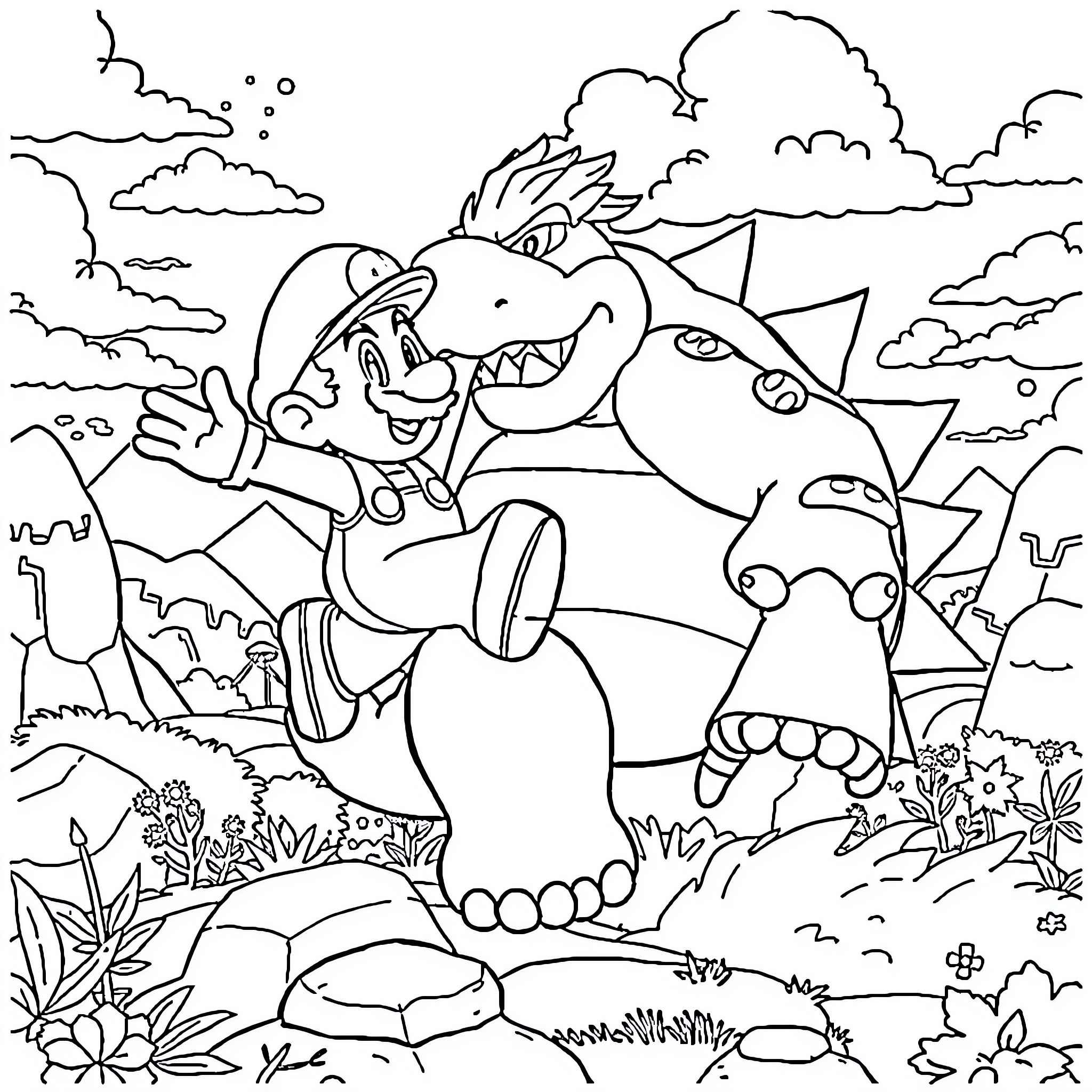 Mario battling a giant dragon in a fantasy landscape Coloring Page (free black-and-white line drawing printable PDF for all, from beginners to advanced learners, including children, teens, adults, and seniors)
