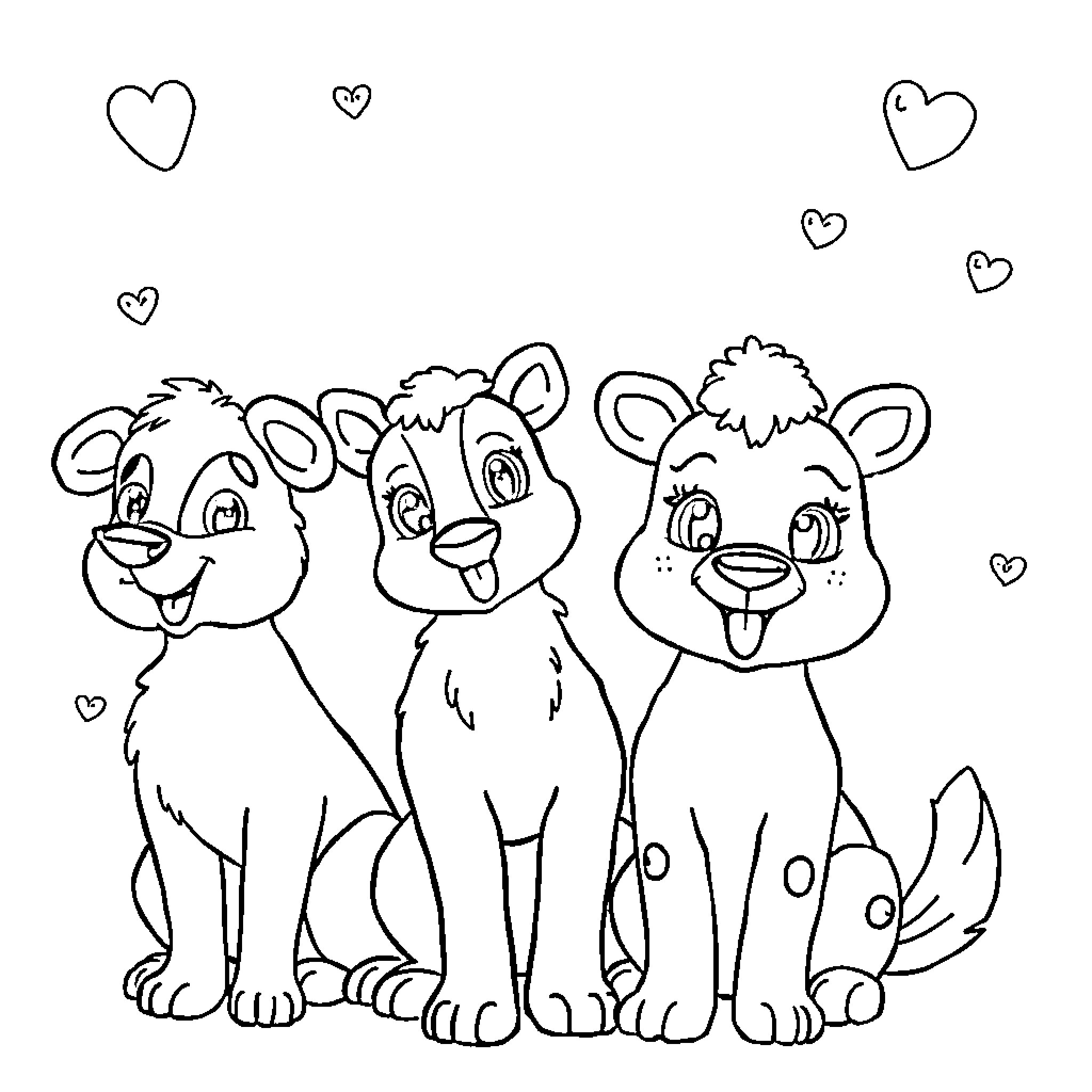 Stray Kids Cute Cartoon Animals in Hearts Coloring Page (free black-and-white line drawing printable PDF for all, from beginners to advanced learners, including children, teens, adults, and seniors)